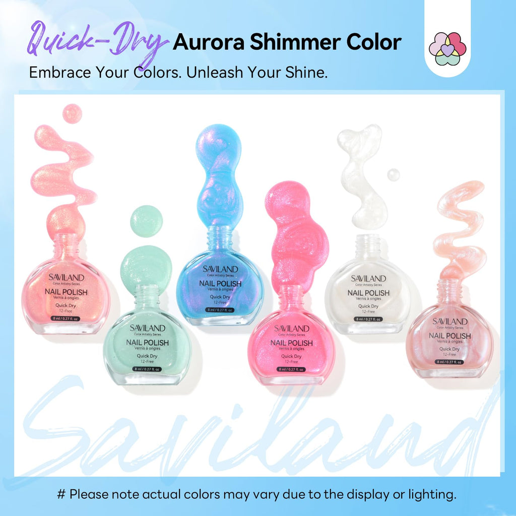 SAVILAND Pearlescent Nail Polish Set – 6-Color Quick-Dry Mermaid Nail Lacquer with Castor Oil (12-Free) – Aurora Collection
