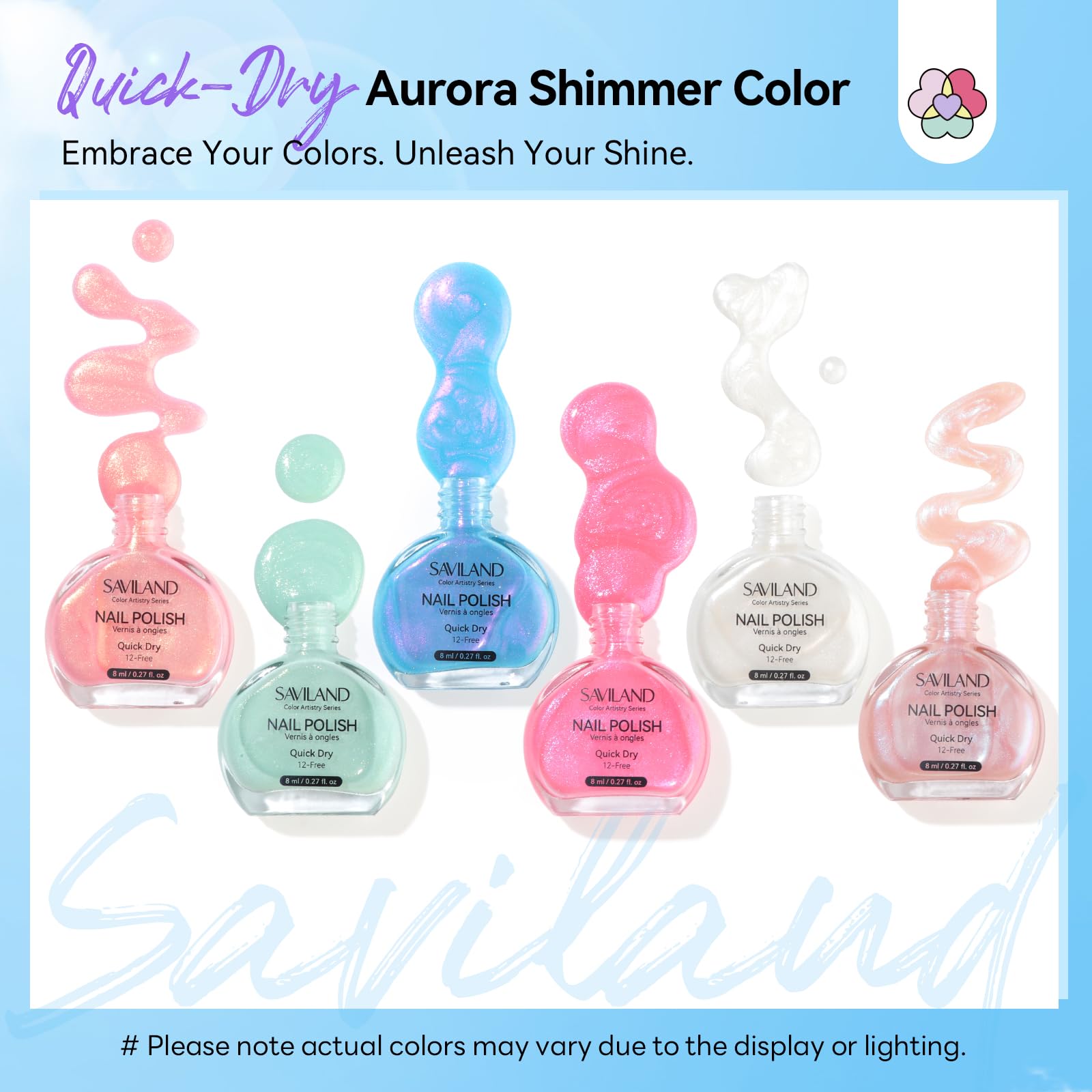 SAVILAND Pearlescent Nail Polish Set – 6-Color Quick-Dry Mermaid Nail Lacquer with Castor Oil (12-Free) – Aurora Collection