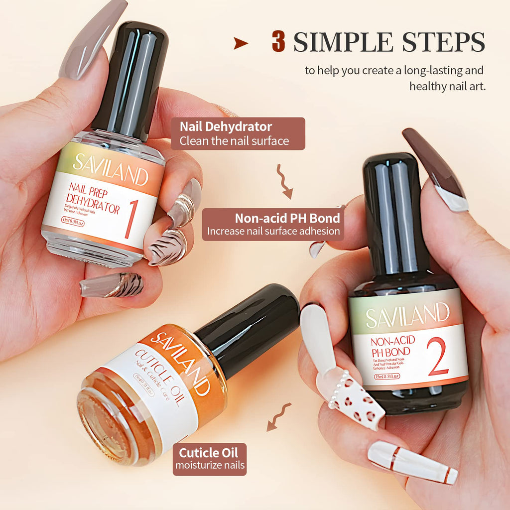 SAVILAND 15ML Nail Dehydrator & Primer with Cuticle Oil – 16 PCS Natural Acid-Free Nail Prep Kit for Gel & Acrylic Nails