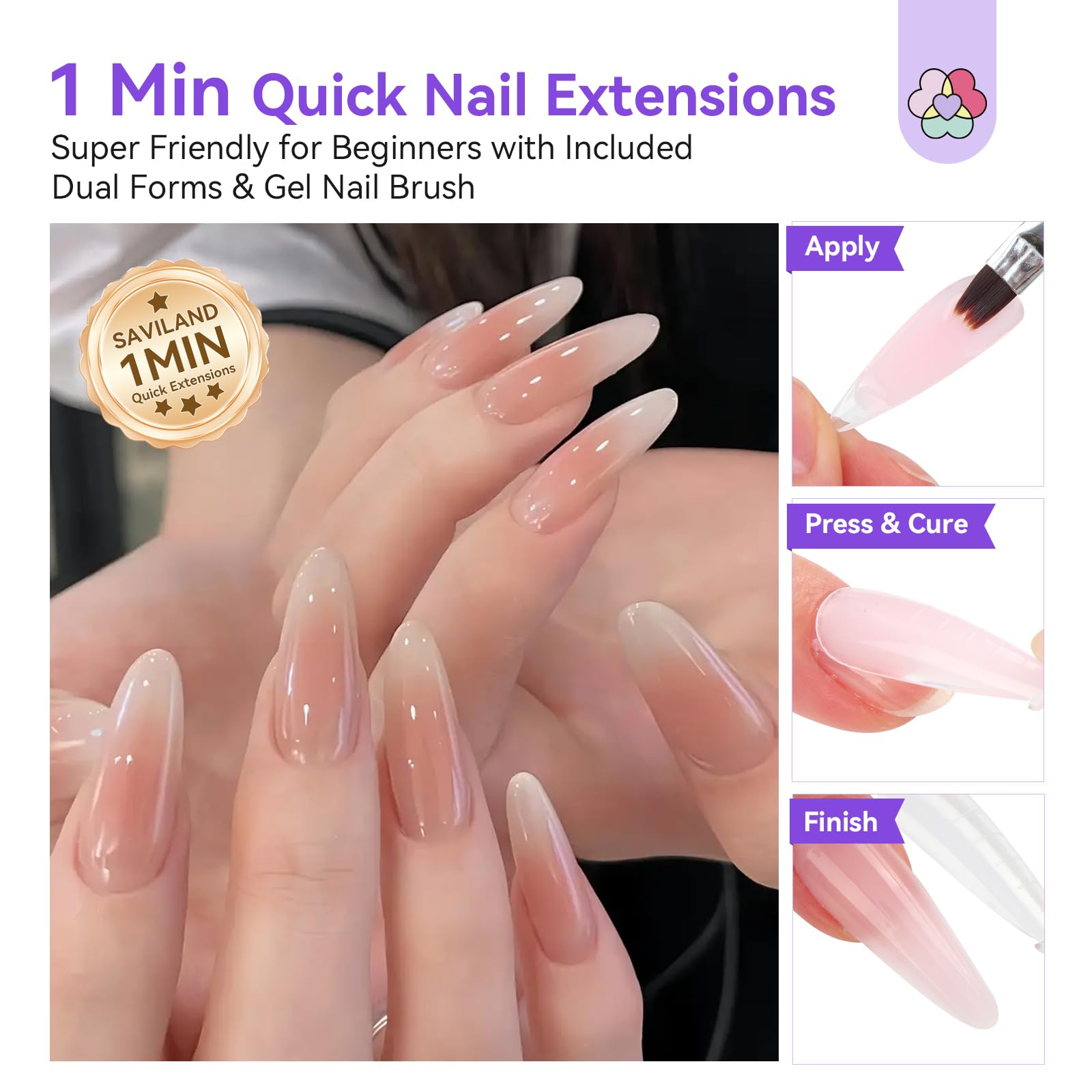 SAVILAND Hema-Free Poly Gel Nail Kit Starter – 4 Colors, UV Lamp, Quick Dry