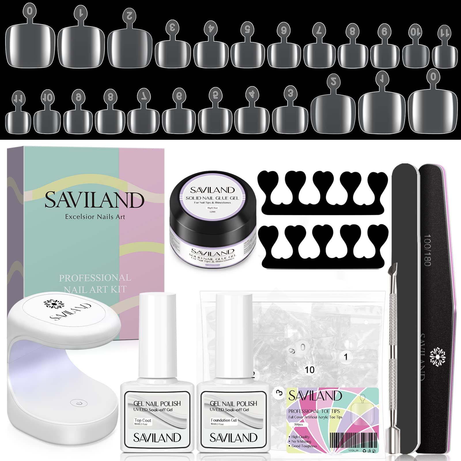 SAVILAND Toenail Tips & Solid Glue Gel Kit – 500 Clear Tips + UV Lamp