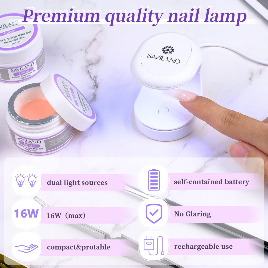 SAVILAND Builder Nail Gel Set – 2 Basic Colors for Home Nail Extensions, Foundation & Top Gel, LED Lamp, 100 Nail Forms