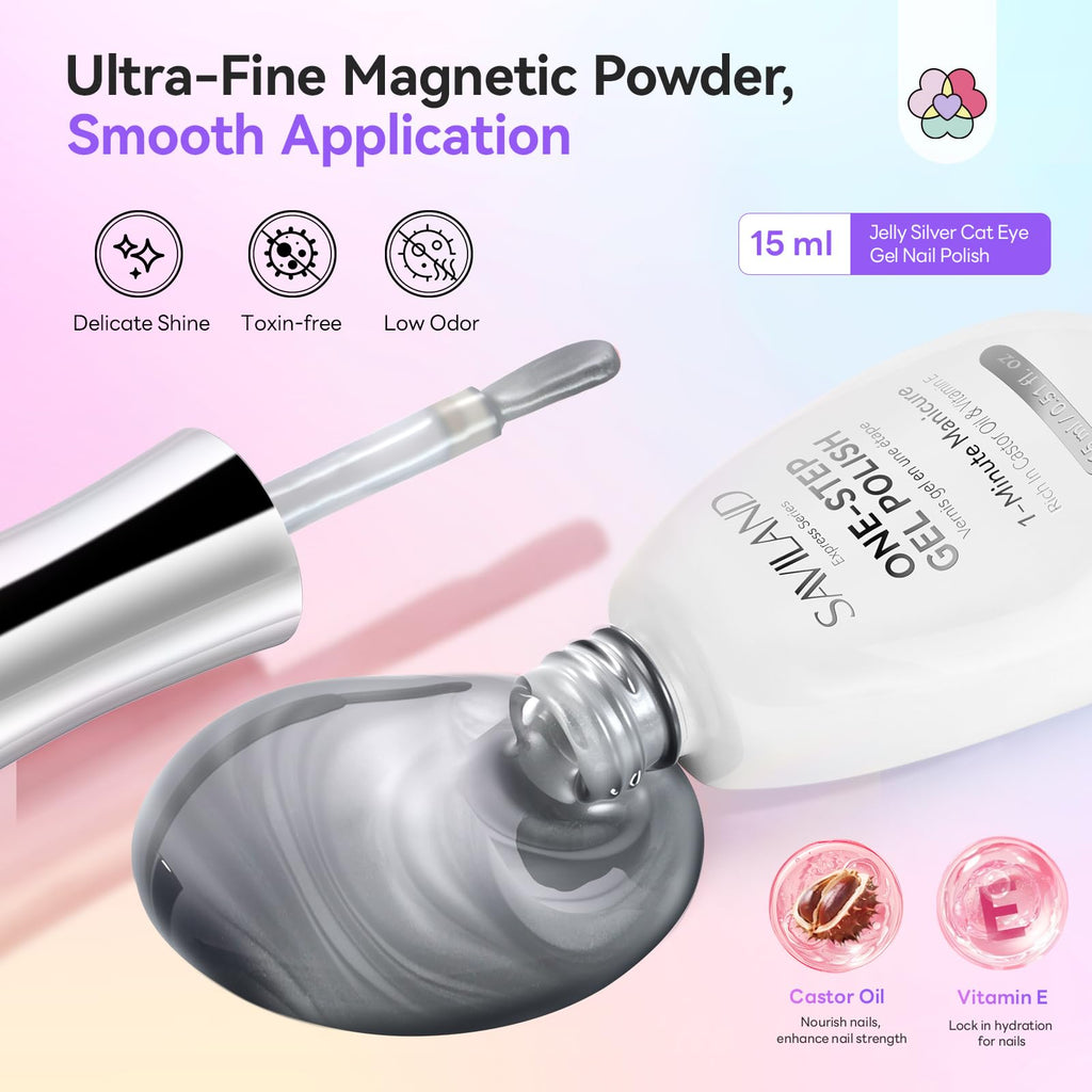 SAVILAND Glassy Cat Eye One-Step Gel Polish Kit – 5-in-1 Jelly Silver Magnetic Gel with Fast-Curing Mini UV Lamp (15ml)