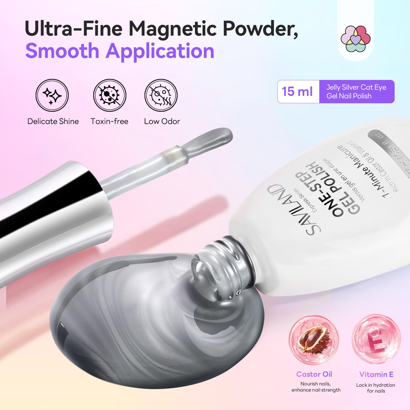SAVILAND Glassy Cat Eye One-Step Gel Polish Kit – 5-in-1 Jelly Silver Magnetic Gel with Fast-Curing Mini UV Lamp (15ml)