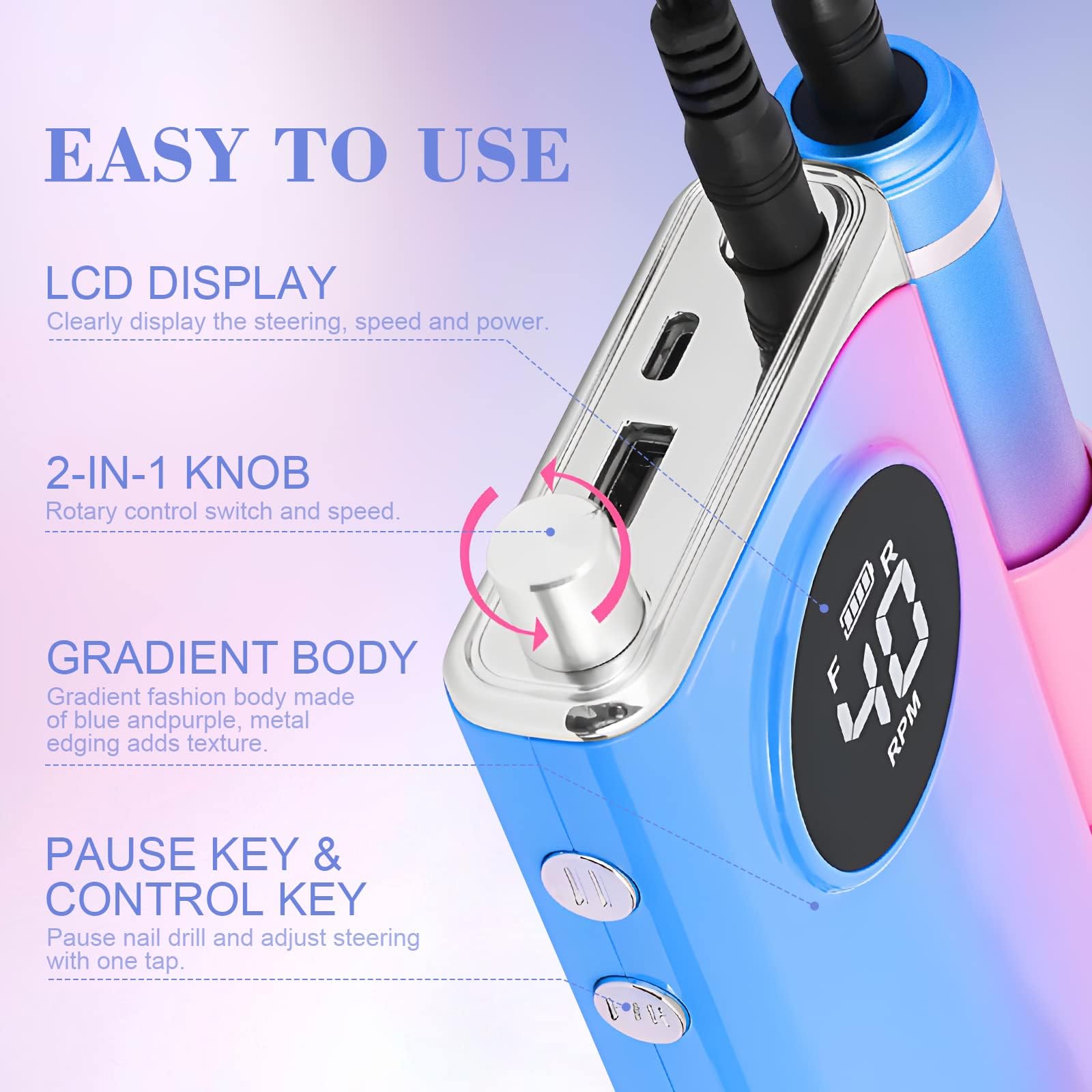 SAVILAND Electric Nail Drill 40000RPM – Pro Kit (56 Sanding Bands, 12 Bits) Rechargeable Nail File for Acrylic, Gel, and Polishing