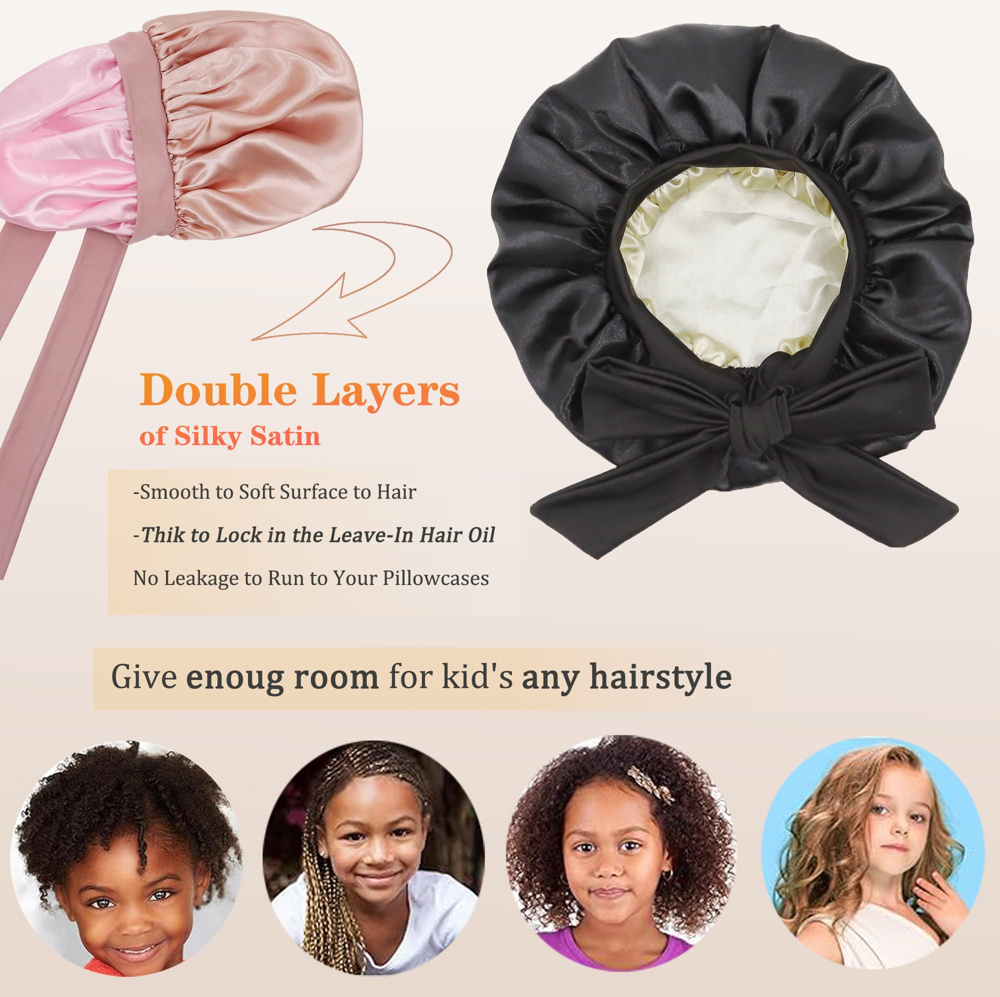 SAYMRE 2-Pack Kids Silk Satin Bonnet for Curly Hair - Sleep Cap for Girls 3-12Y (Pink & Black)