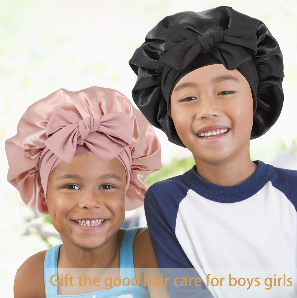 SAYMRE 2-Pack Kids Silk Satin Bonnet for Curly Hair - Sleep Cap for Girls 3-12Y (Pink & Black)