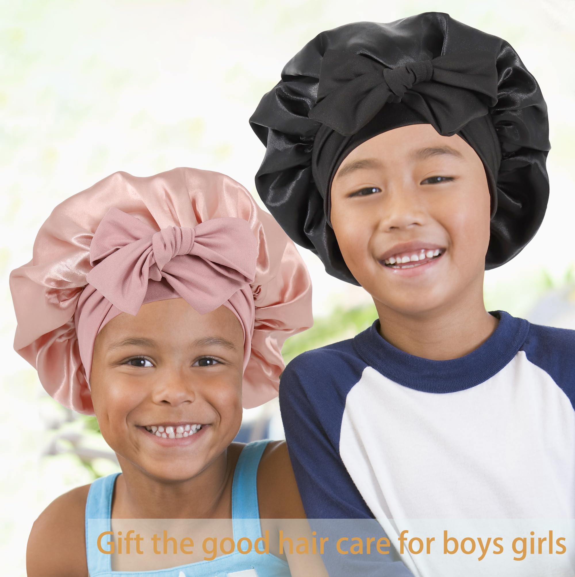 SAYMRE 2-Pack Kids Silk Satin Bonnet for Curly Hair - Sleep Cap for Girls 3-12Y (Pink & Black)
