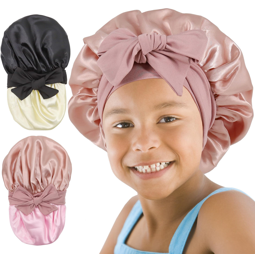 SAYMRE 2-Pack Kids Silk Satin Bonnet for Curly Hair - Sleep Cap for Girls 3-12Y (Pink & Black)