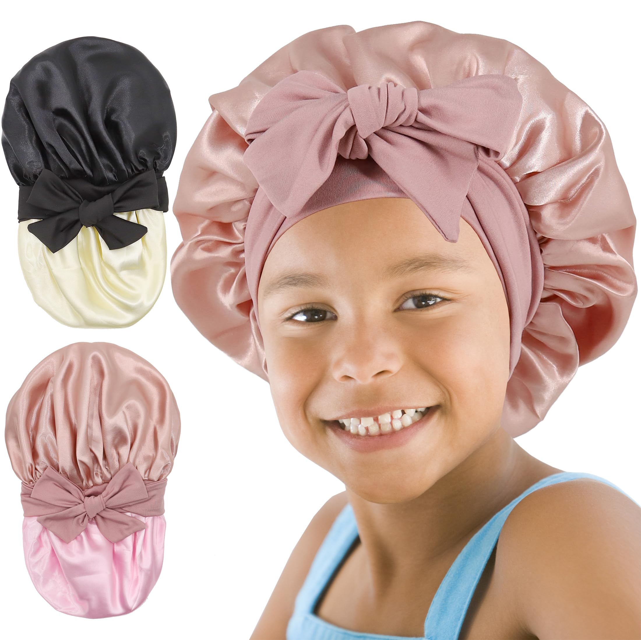 SAYMRE 2-Pack Kids Silk Satin Bonnet for Curly Hair - Sleep Cap for Girls 3-12Y (Pink & Black)