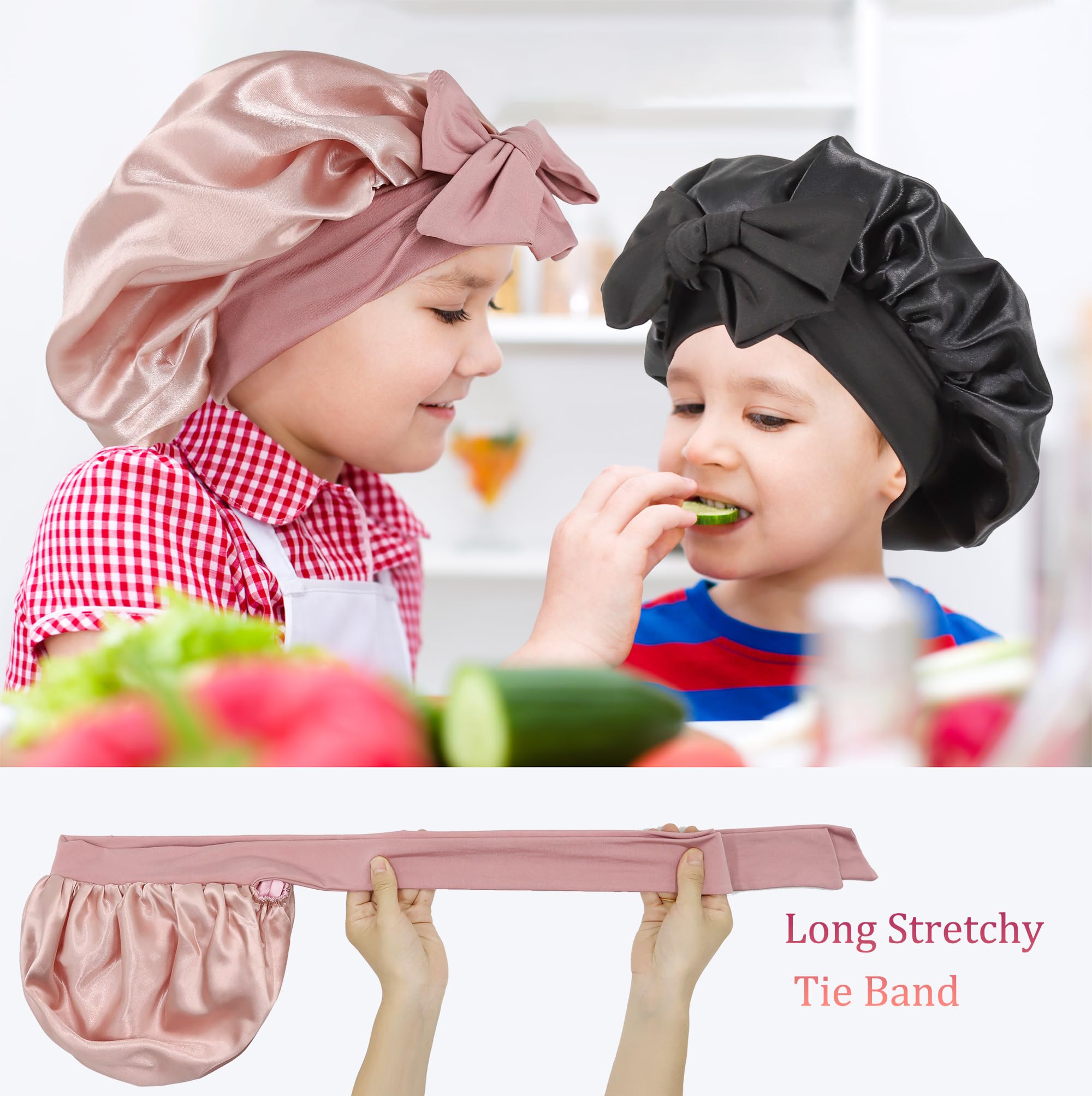 SAYMRE 2-Pack Kids Silk Satin Bonnet for Curly Hair - Sleep Cap for Girls 3-12Y (Pink & Black)