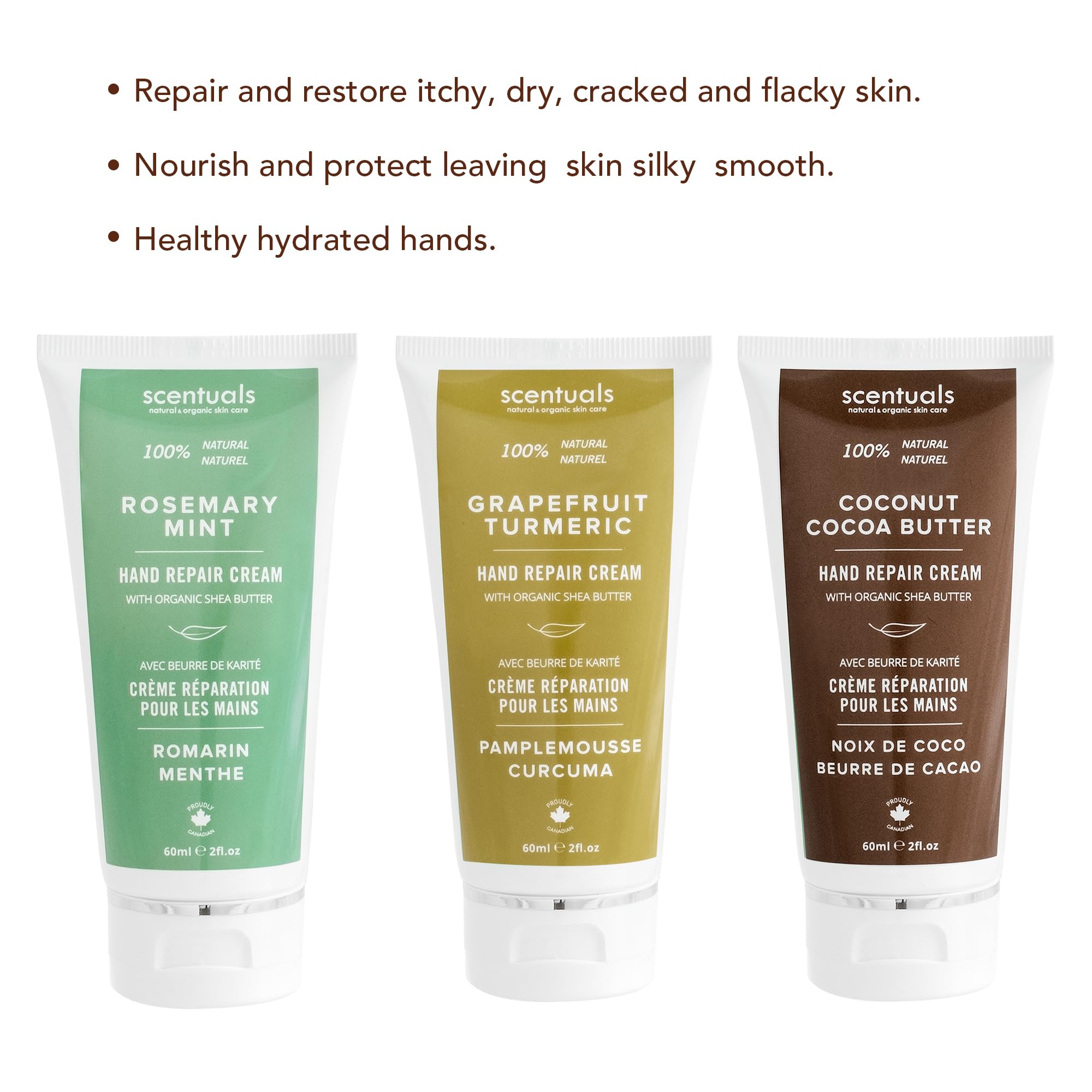 Scentuals Hand Cream Set of 3 – Shea & Cocoa Butter Rich Formula with Argan & Almond Oils, 60 ml Each – Grapefruit Turmeric, Rosemary Mint & Coconut Cocoa Butter