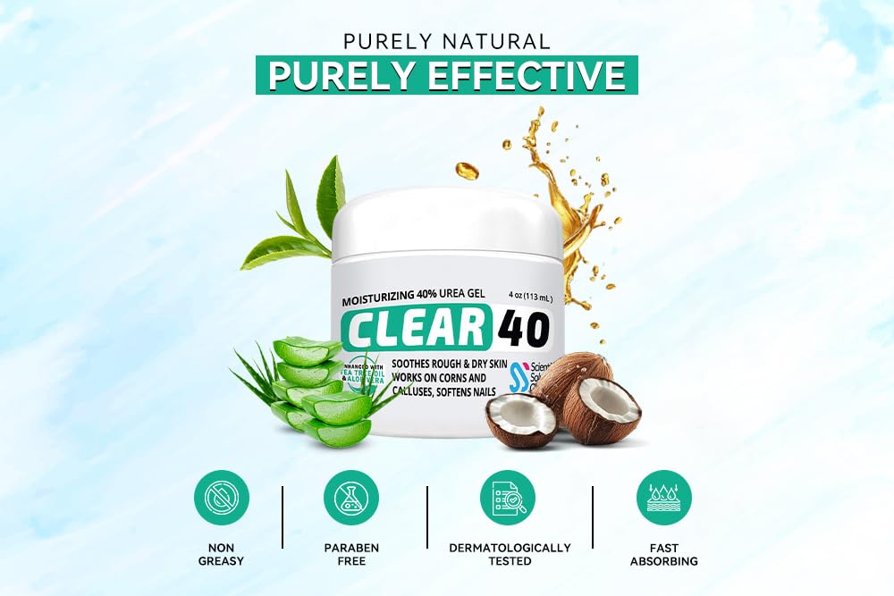 CLEAR 40% Urea Gel 4 oz with Tea Tree & Coconut Oil – Deep Hydration for Calluses, Cracked Heels, and Dry Skin | Scientific Solutions Global
