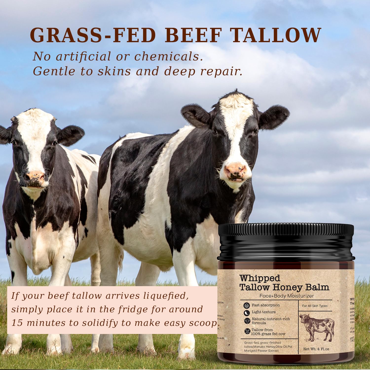 Scosvvi Whipped Tallow Honey Balm – Grass-Fed Tallow Moisturizer for Dry & Sensitive Skin, Face & Body Hydration, 4 oz