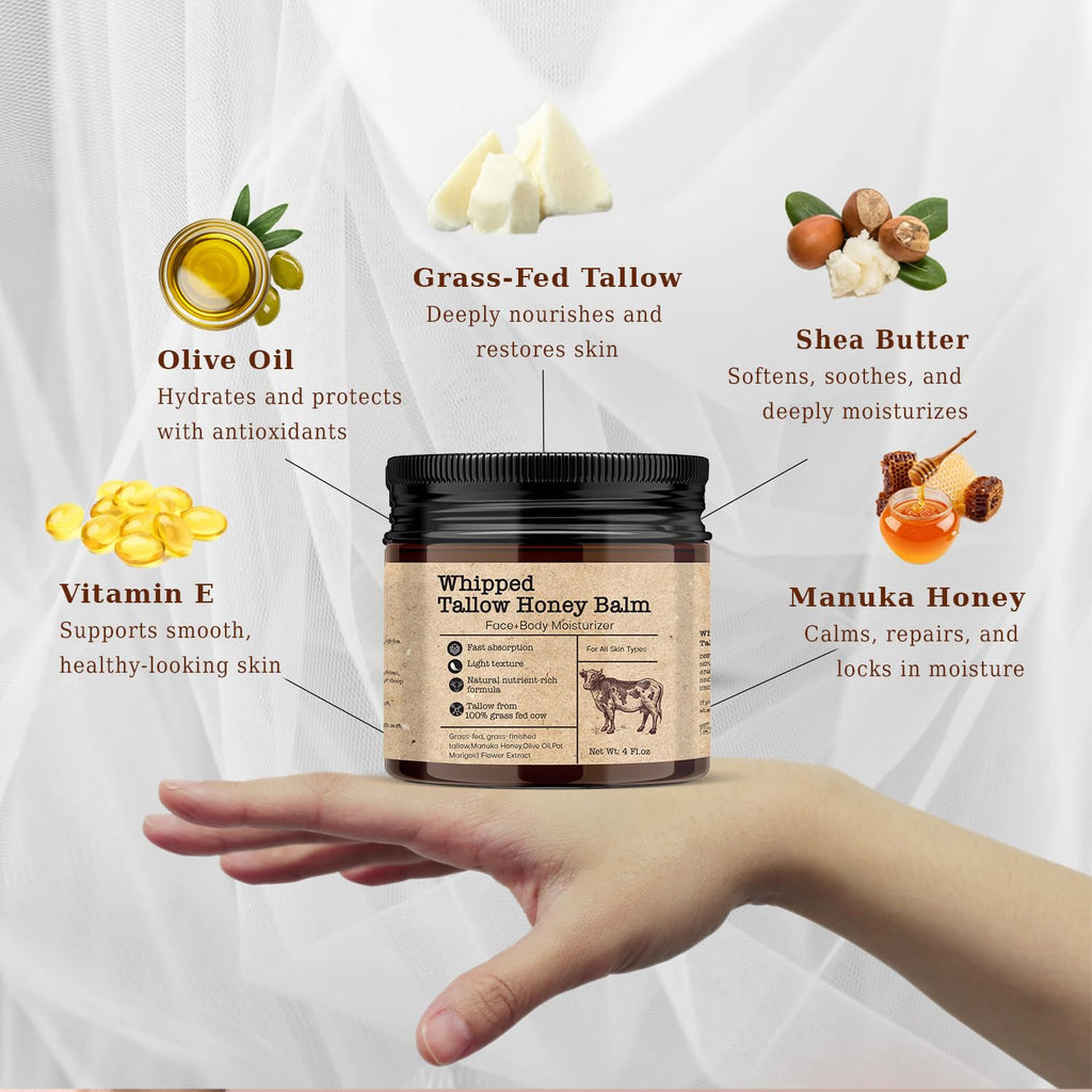 Scosvvi Whipped Tallow Honey Balm – Grass-Fed Tallow Moisturizer for Dry & Sensitive Skin, Face & Body Hydration, 4 oz