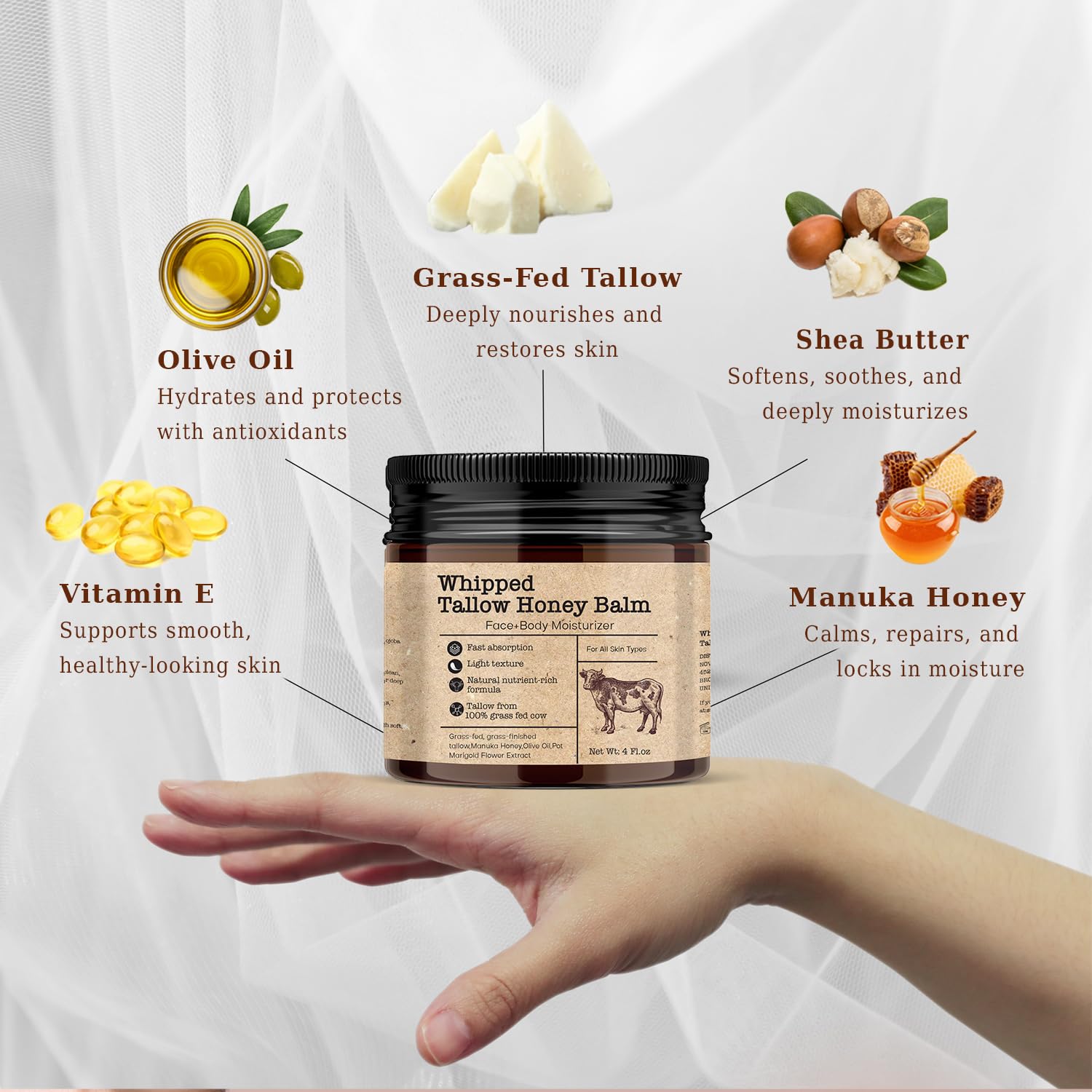 Scosvvi Whipped Tallow Honey Balm – Grass-Fed Tallow Moisturizer for Dry & Sensitive Skin, Face & Body Hydration, 4 oz