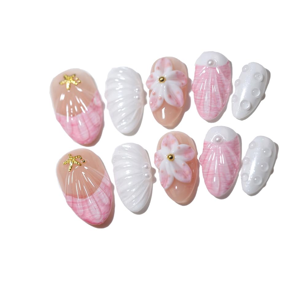 Seashell Almond Press-On Nails – 10-Piece 3D Floral with Water Drop & Starfish Decor