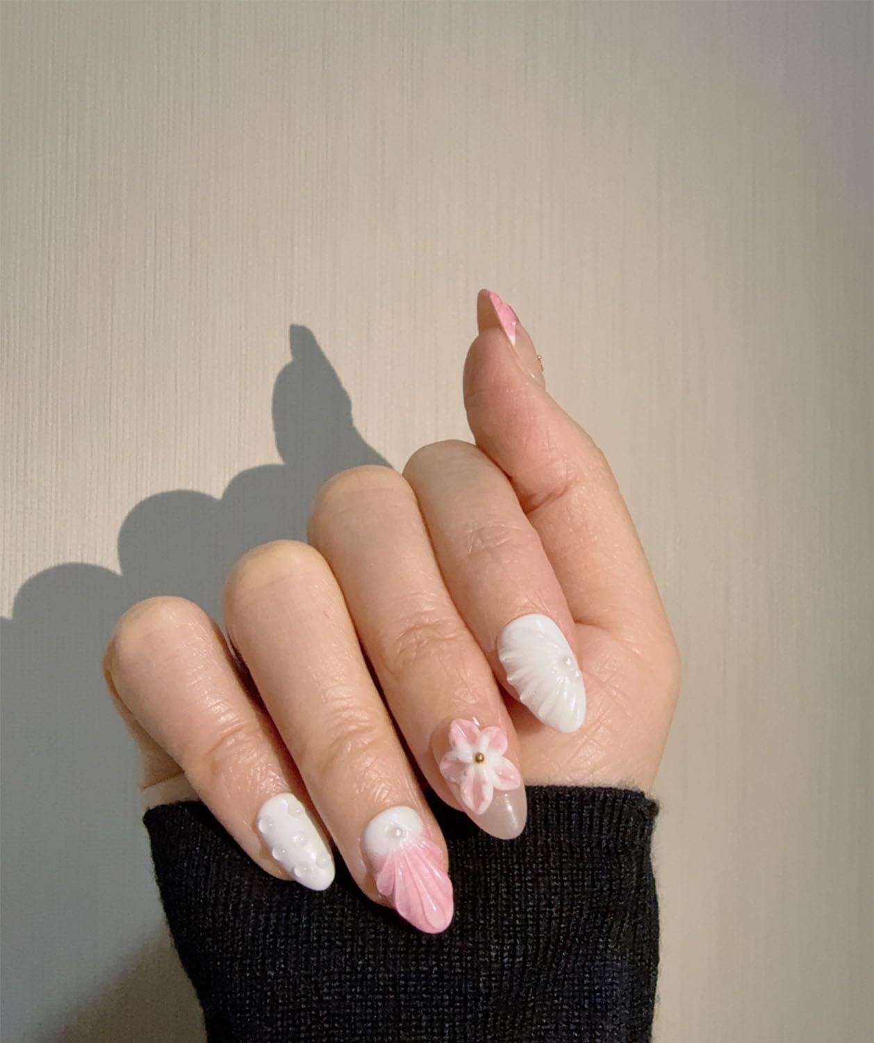 Seashell Almond Press-On Nails – 10-Piece 3D Floral with Water Drop & Starfish Decor