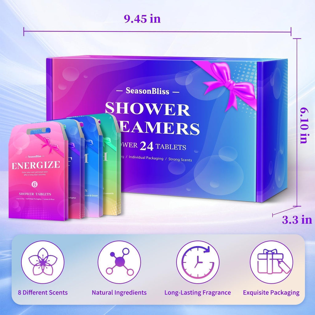 SeasonBliss Shower Steamers 24 Pack – 8 Scents, Individually Wrapped, Natural Shower Tablets
