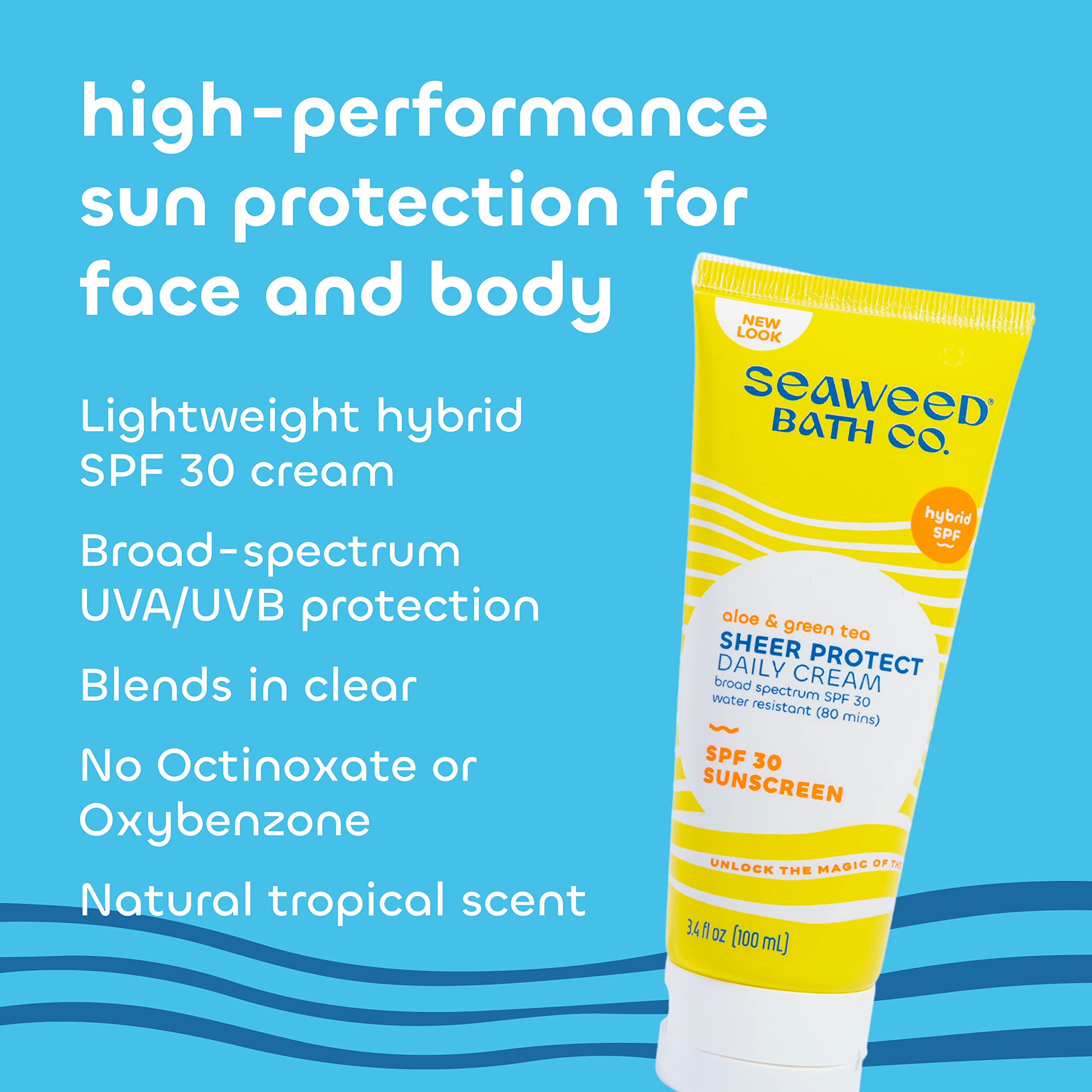 Seaweed Bath Co. Sheer Protect SPF 30 Daily Cream – 3.4oz, Hybrid Broad Spectrum Sunscreen with Aloe & Green Tea