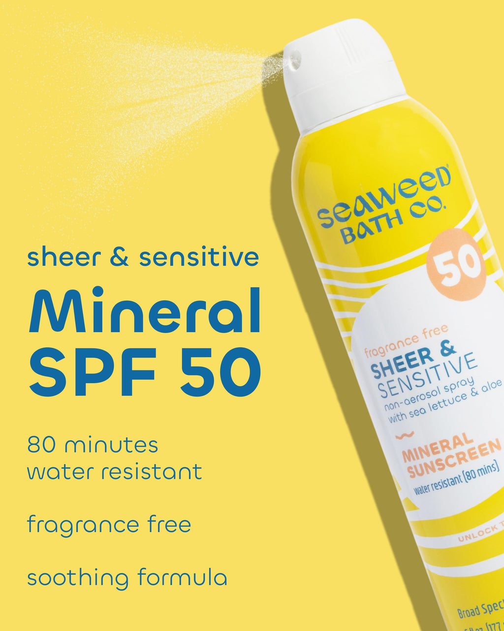 Seaweed Bath Co. Sheer Mineral Sensitive SPF 50 Broad Spectrum Sunscreen Spray - Fragrance Free, Non-Nano, Skin-Friendly Formula - 6 oz