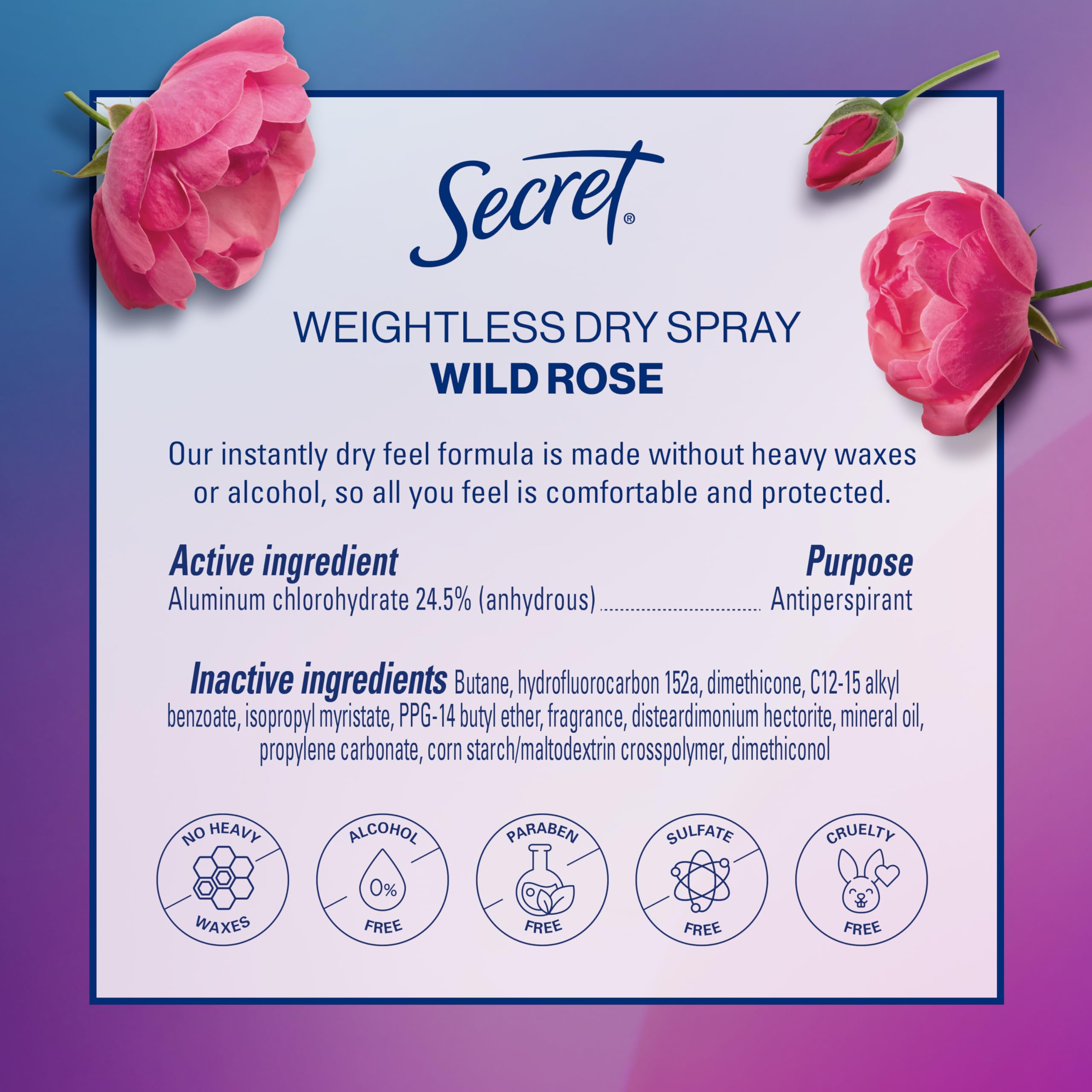 Secret Dry Spray Antiperspirant for Women — 48h Sweat & Odor Protection, Rose Scent (Pack of 3)