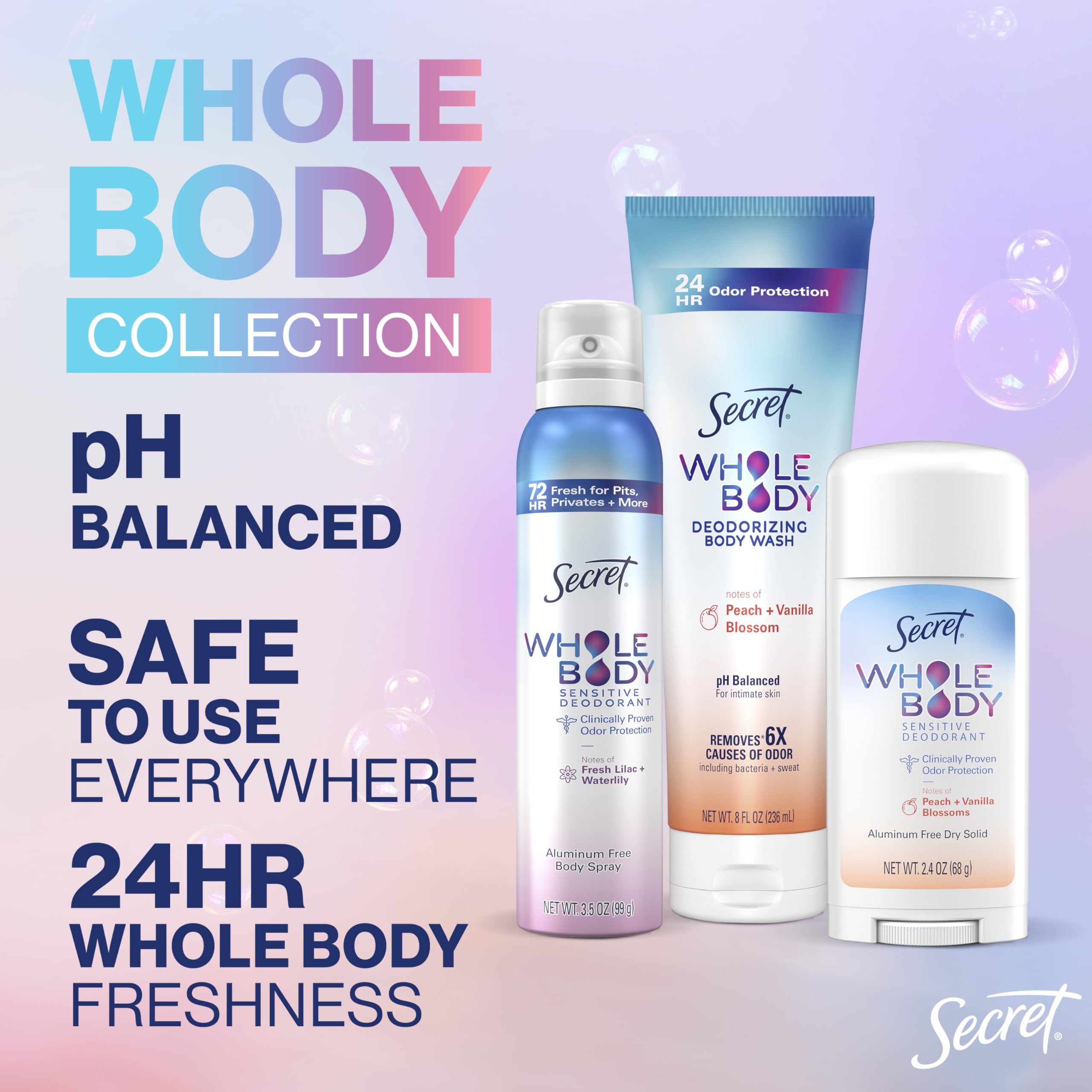 Secret Whole Body Deodorant Stick for Women — Unscented, Aluminum-Free, 72 HR Protection, 2.4 oz