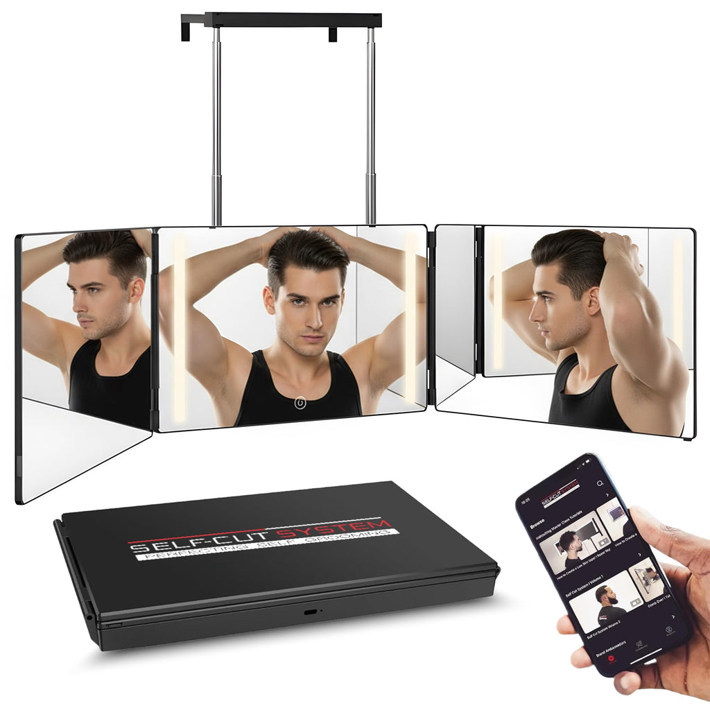 Self-Cut System 3-Way Mirror with LED Lights – 360° View for Easy At-Home Haircuts