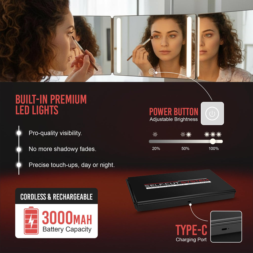 Self-Cut System 3-Way Mirror with LED Lights – 360° View for Easy At-Home Haircuts