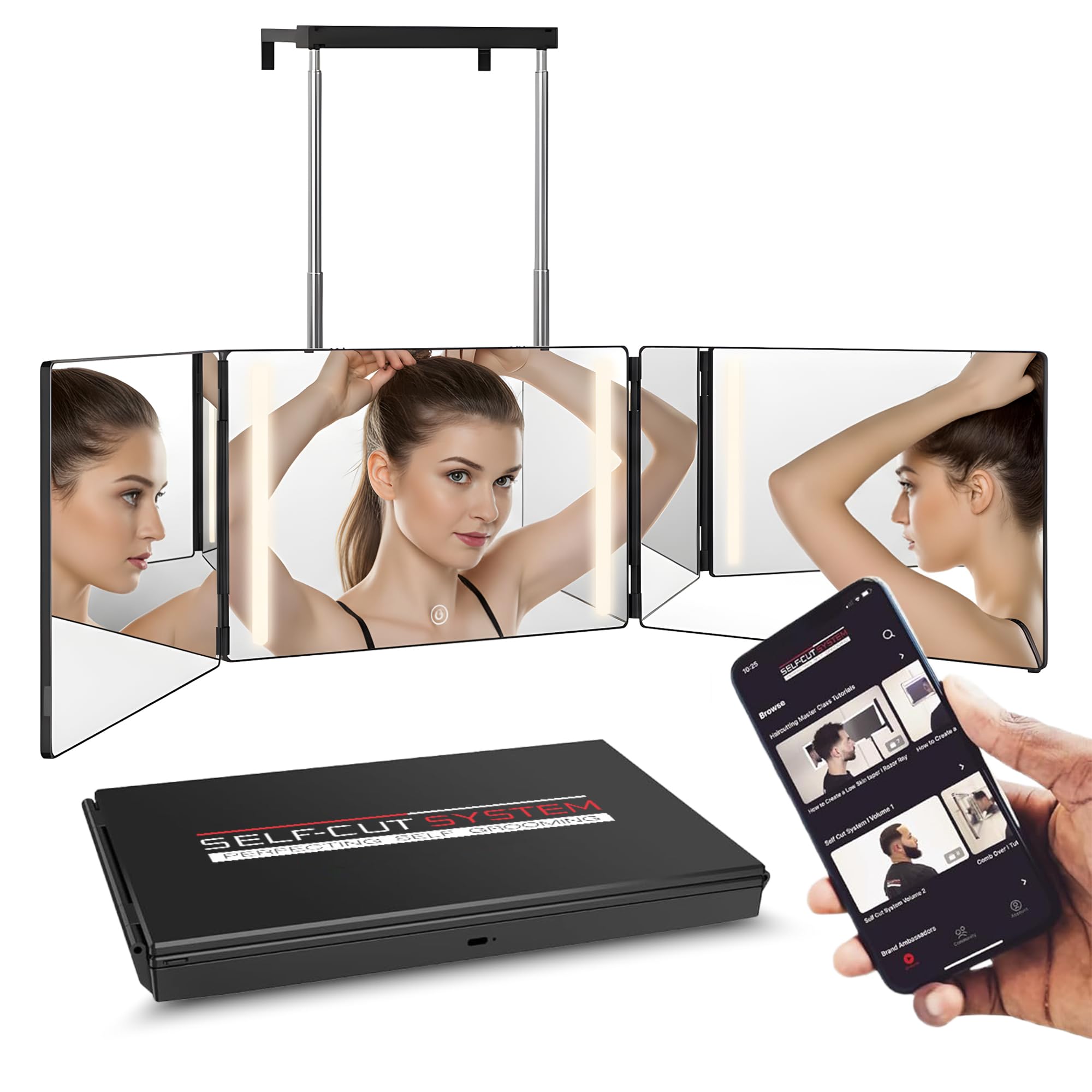 Self-Cut System 3-Way Mirror with LED Lights – 360° View for Easy At-Home Haircuts