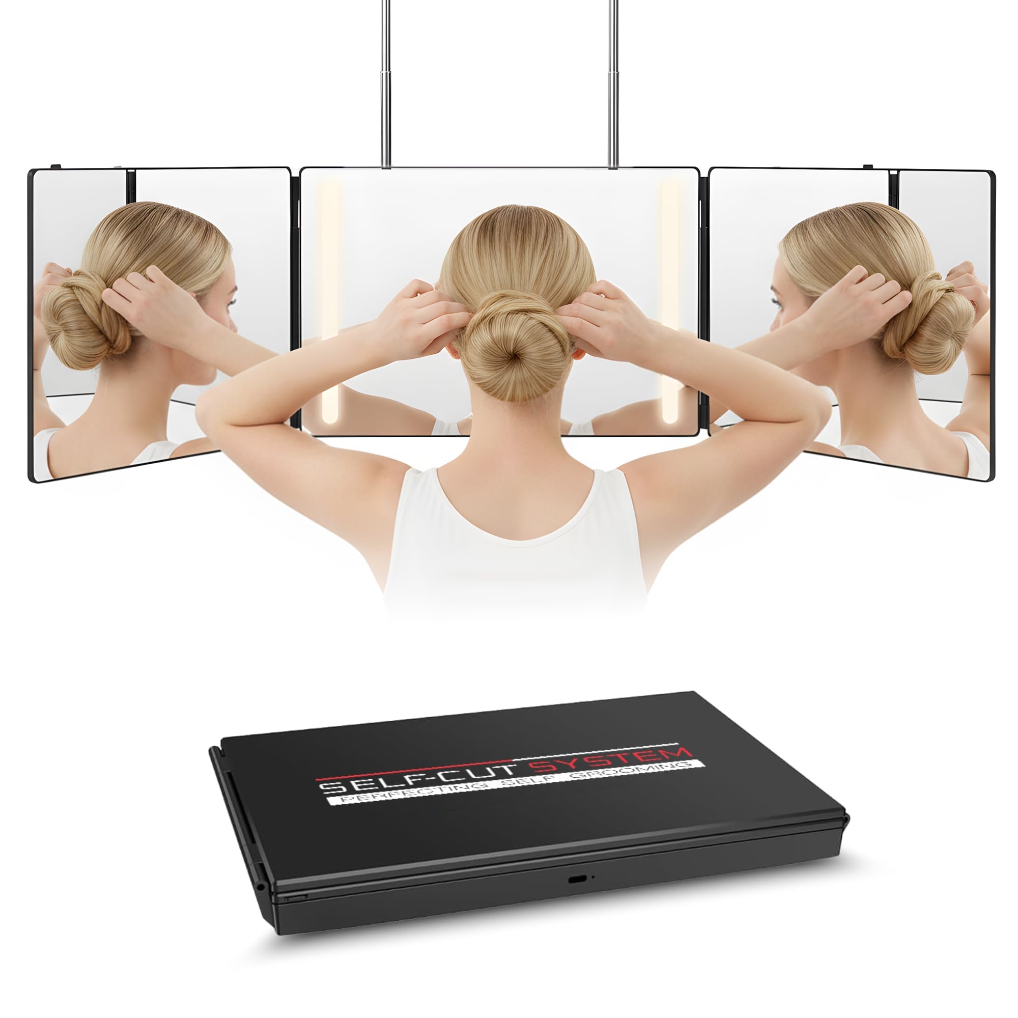 Self-Cut System 3-Way Mirror with LED Lights – 360° View for Easy At-Home Haircuts
