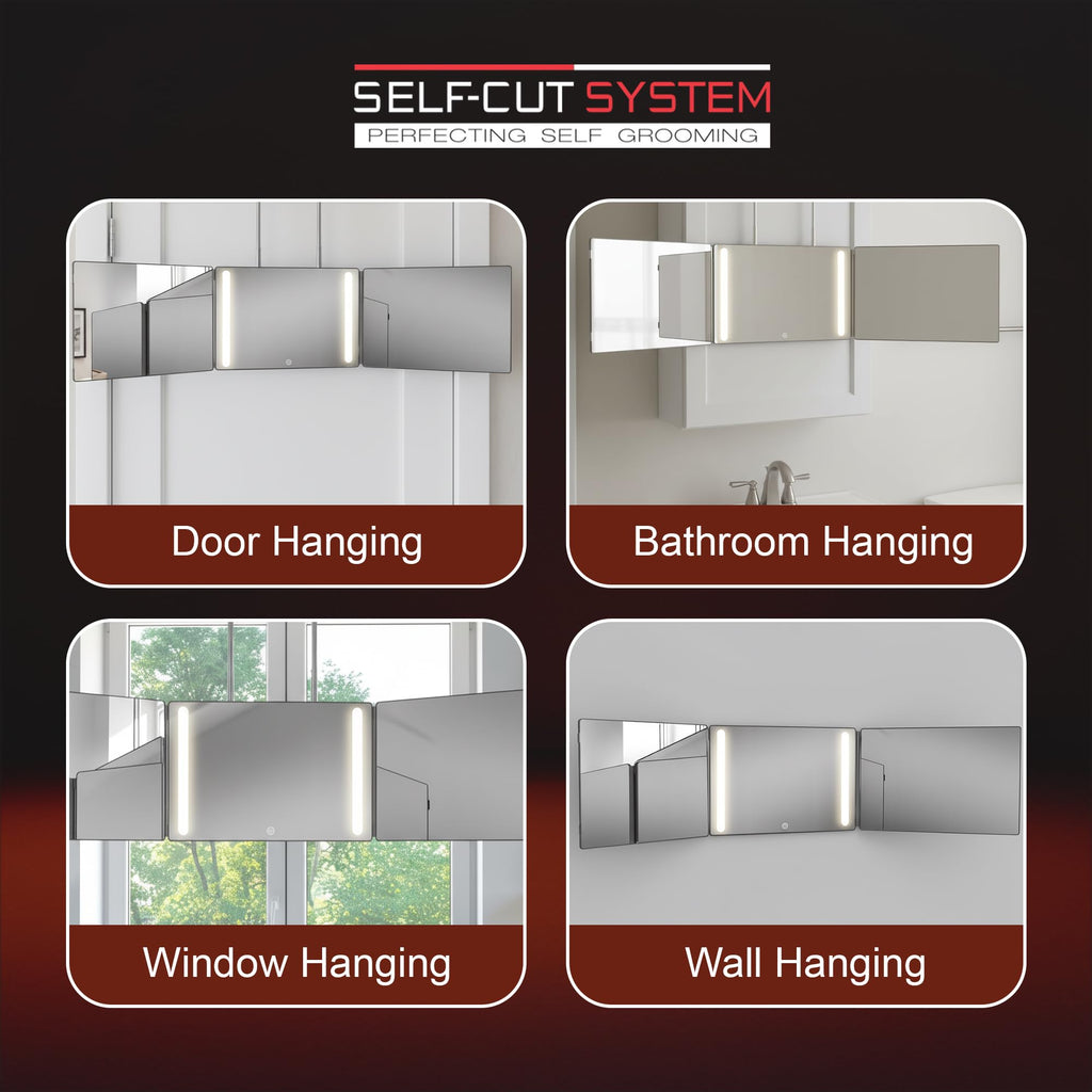 Self-Cut System 3-Way Mirror with LED Lights – 360° View for Easy At-Home Haircuts