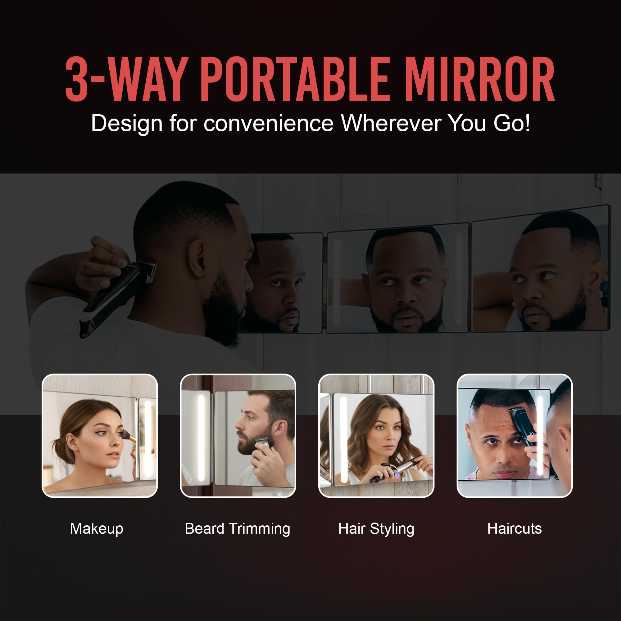 Self-Cut System 3-Way Mirror with LED Lights – 360° View for Easy At-Home Haircuts
