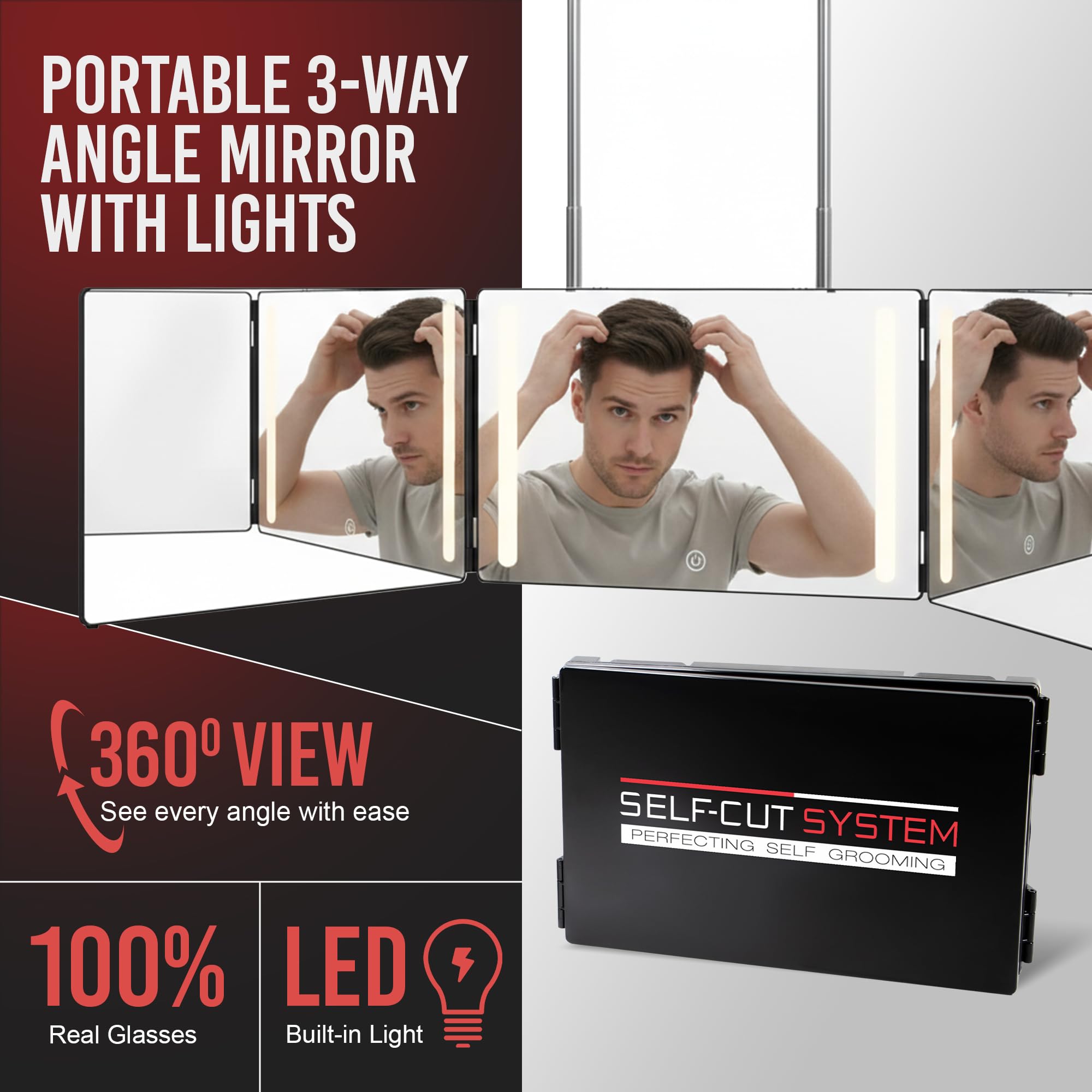 Self-Cut System 3-Way Mirror with LED Lights – 360° View for Easy At-Home Haircuts