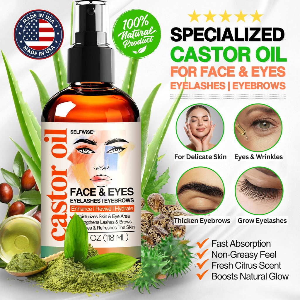 SELFWISE Organic Castor Oil – Face Moisturizer, Brow & Lash Conditioner, 4oz