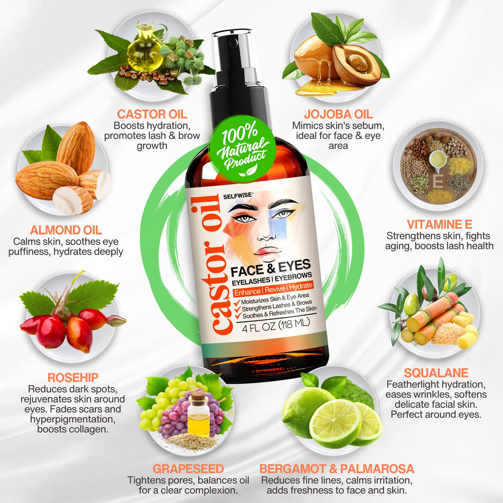 SELFWISE Organic Castor Oil – Face Moisturizer, Brow & Lash Conditioner, 4oz