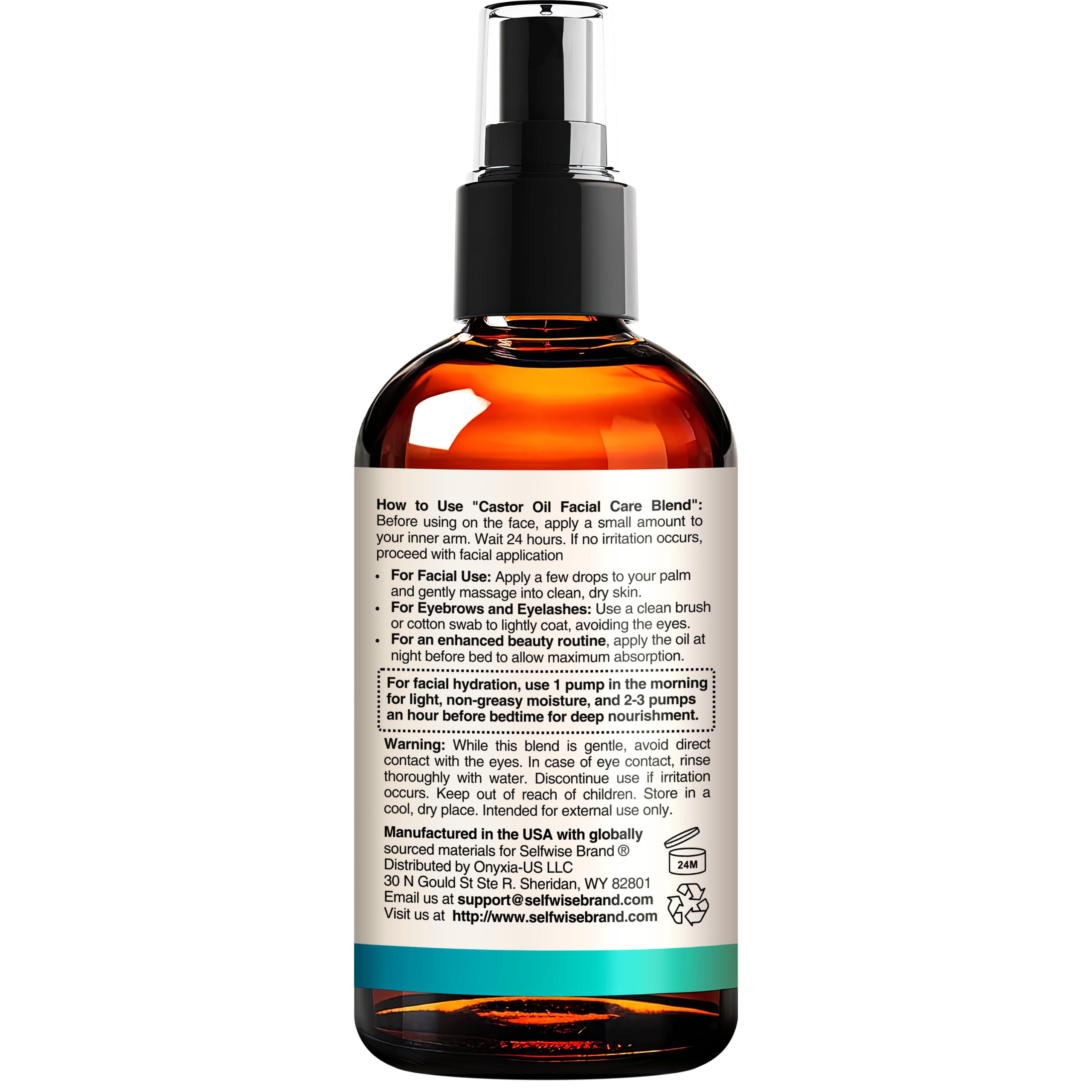 SELFWISE Organic Castor Oil – Face Moisturizer, Brow & Lash Conditioner, 4oz