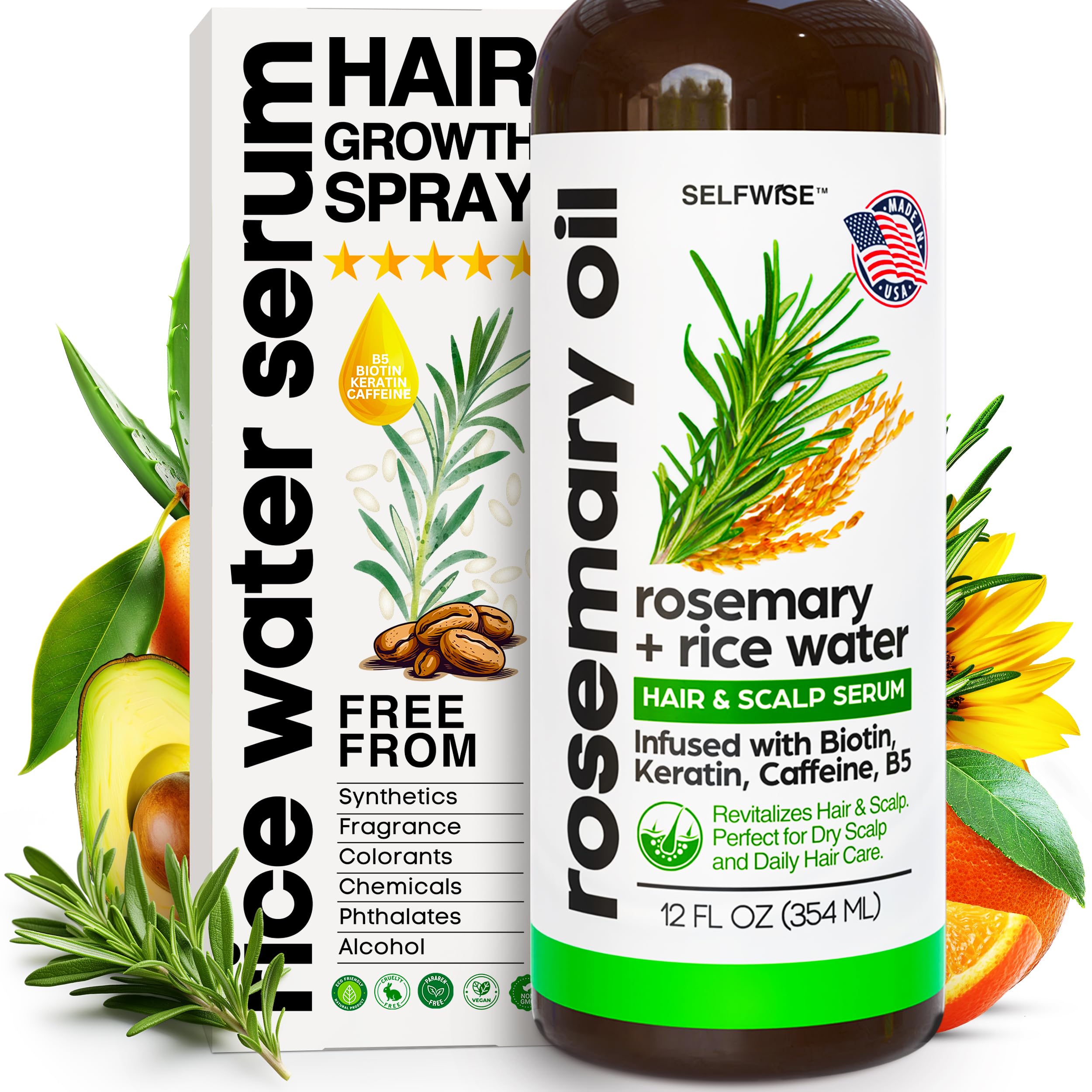 SELFWISE Rosemary Oil & Rice Water Hair Growth Spray – Biotin, Keratin, Caffeine, Vitamin C & B5 | 12oz
