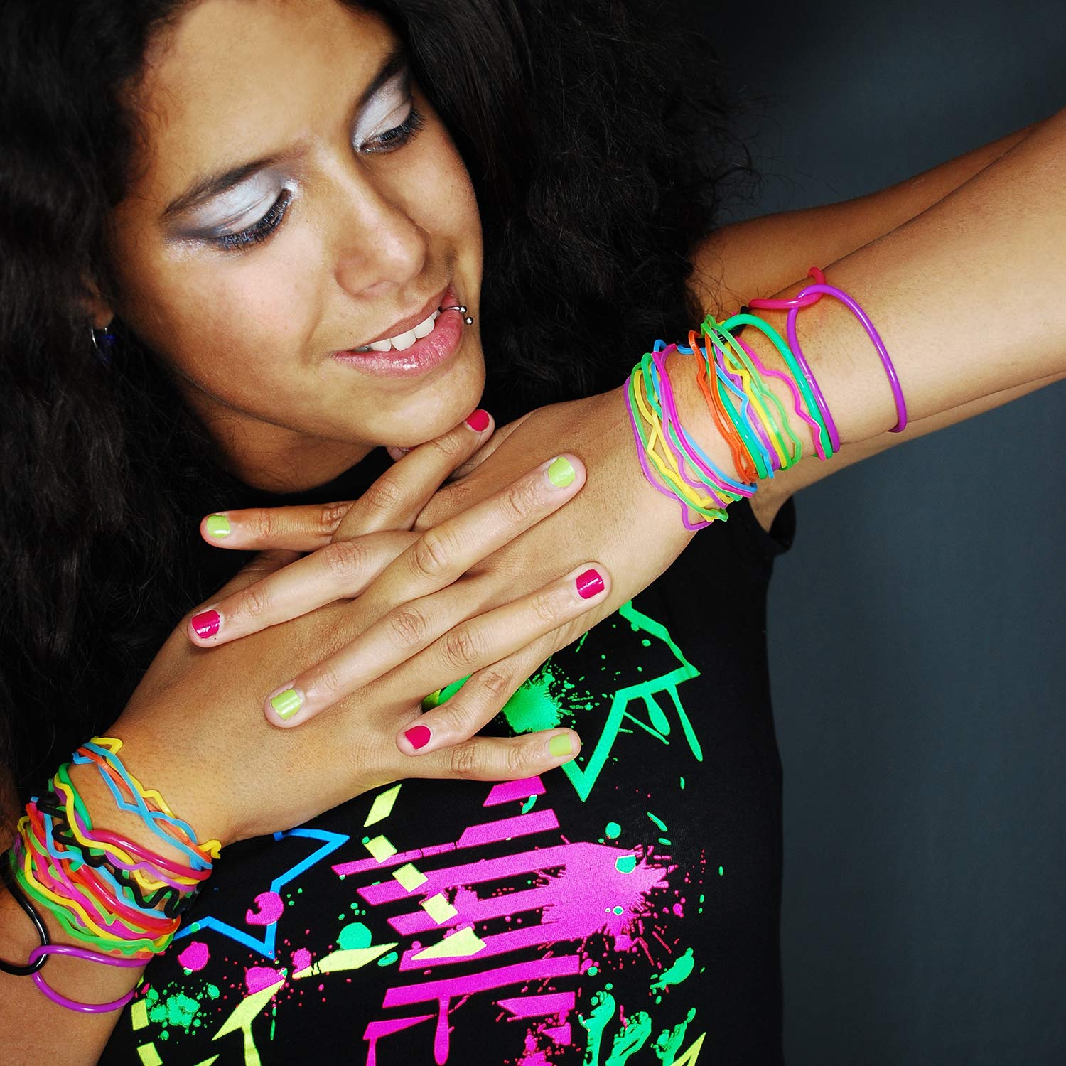 Senkary 120 Pieces Silicone Jelly Bracelets – Colorful 80s Style Stretchy Rubber Bracelets for Party Favors, Hair Ties, and Everyday Wear