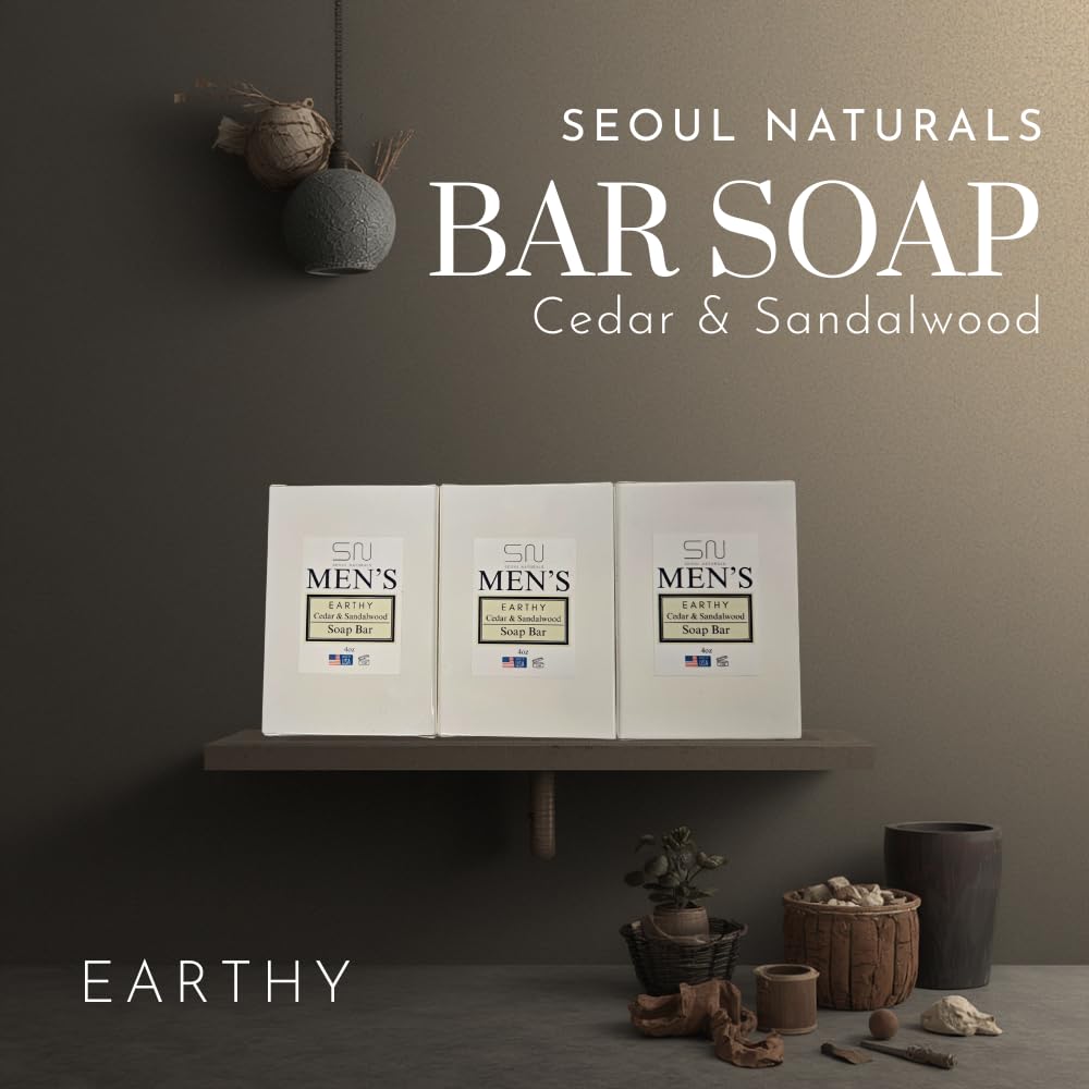 Seoul Naturals Men's Earthy Cedar & Sandalwood Soap Bar – 4oz x 3 Pack | K-Beauty