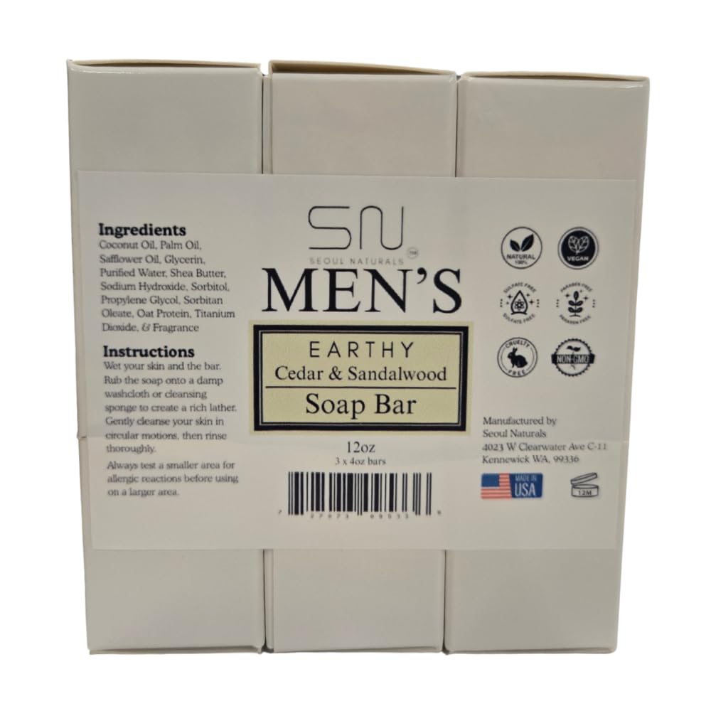 Seoul Naturals Men's Earthy Cedar & Sandalwood Soap Bar – 4oz x 3 Pack | K-Beauty