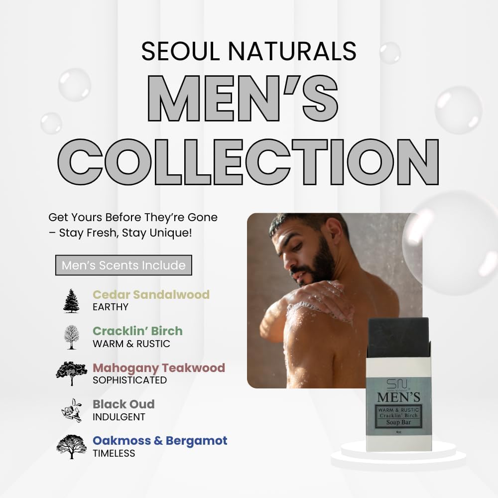 Seoul Naturals Men's Earthy Cedar & Sandalwood Soap Bar – 4oz x 3 Pack | K-Beauty
