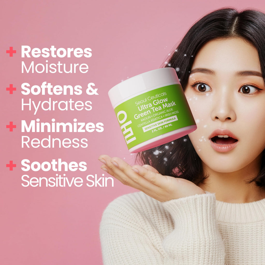 SeoulCeuticals Korean Green Tea Wash-Off Mask for Sensitive Skin – Aloe Vera + Centella Asiatica, Hydrating 2oz
