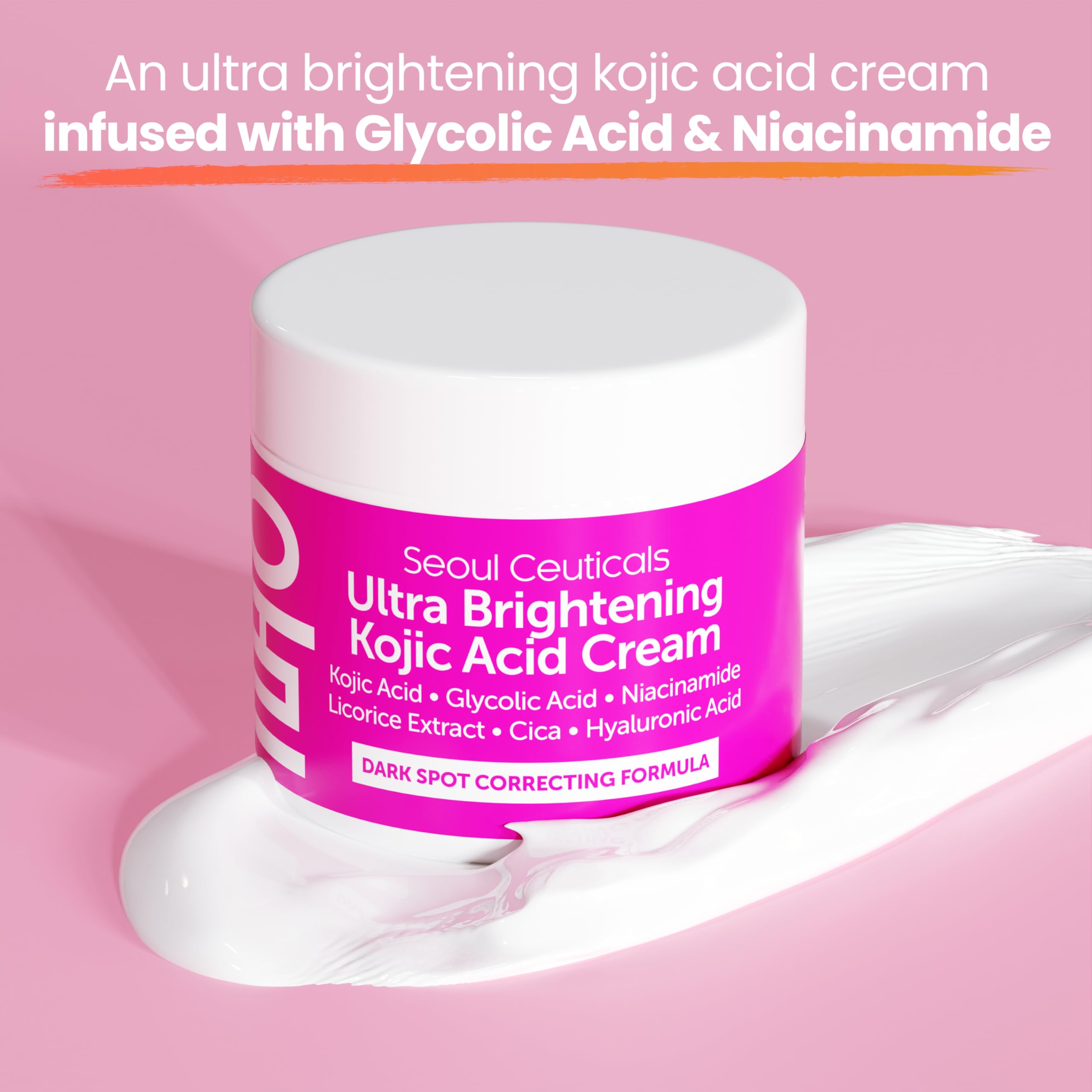SeoulCeuticals Korean Kojic Acid Cream for Dark Spots | Glycolic + Niacinamide + Cica + HA Moisturizer - Cruelty-Free 2 oz