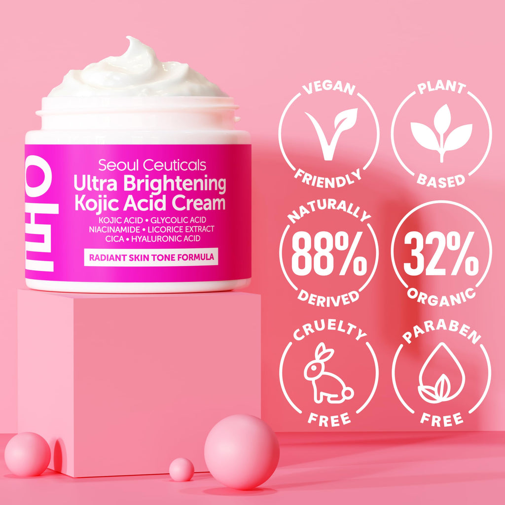 SeoulCeuticals Korean Kojic Acid Cream for Dark Spots | Glycolic + Niacinamide + Cica + HA Moisturizer - Cruelty-Free 2 oz