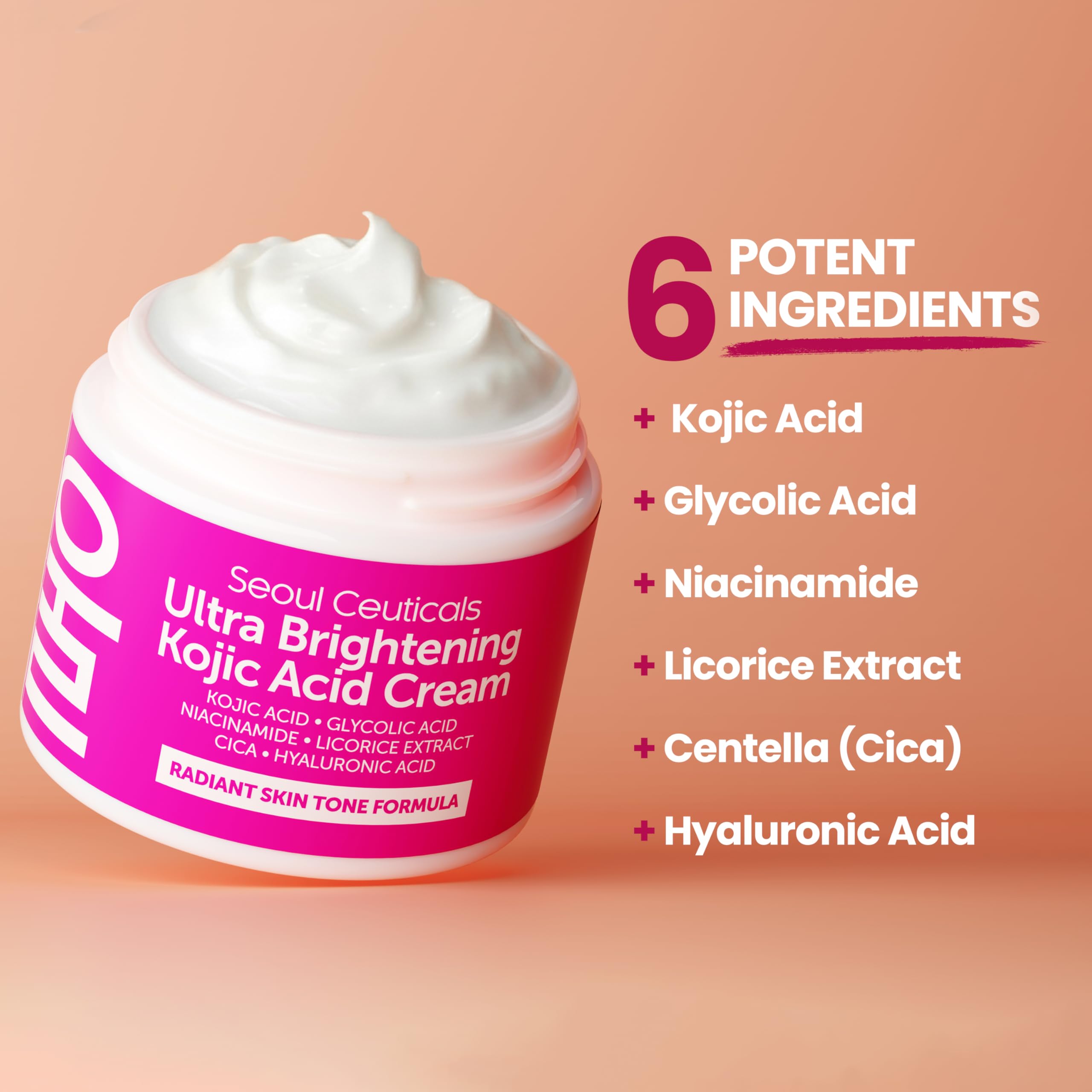 SeoulCeuticals Korean Kojic Acid Cream for Dark Spots | Glycolic + Niacinamide + Cica + HA Moisturizer - Cruelty-Free 2 oz