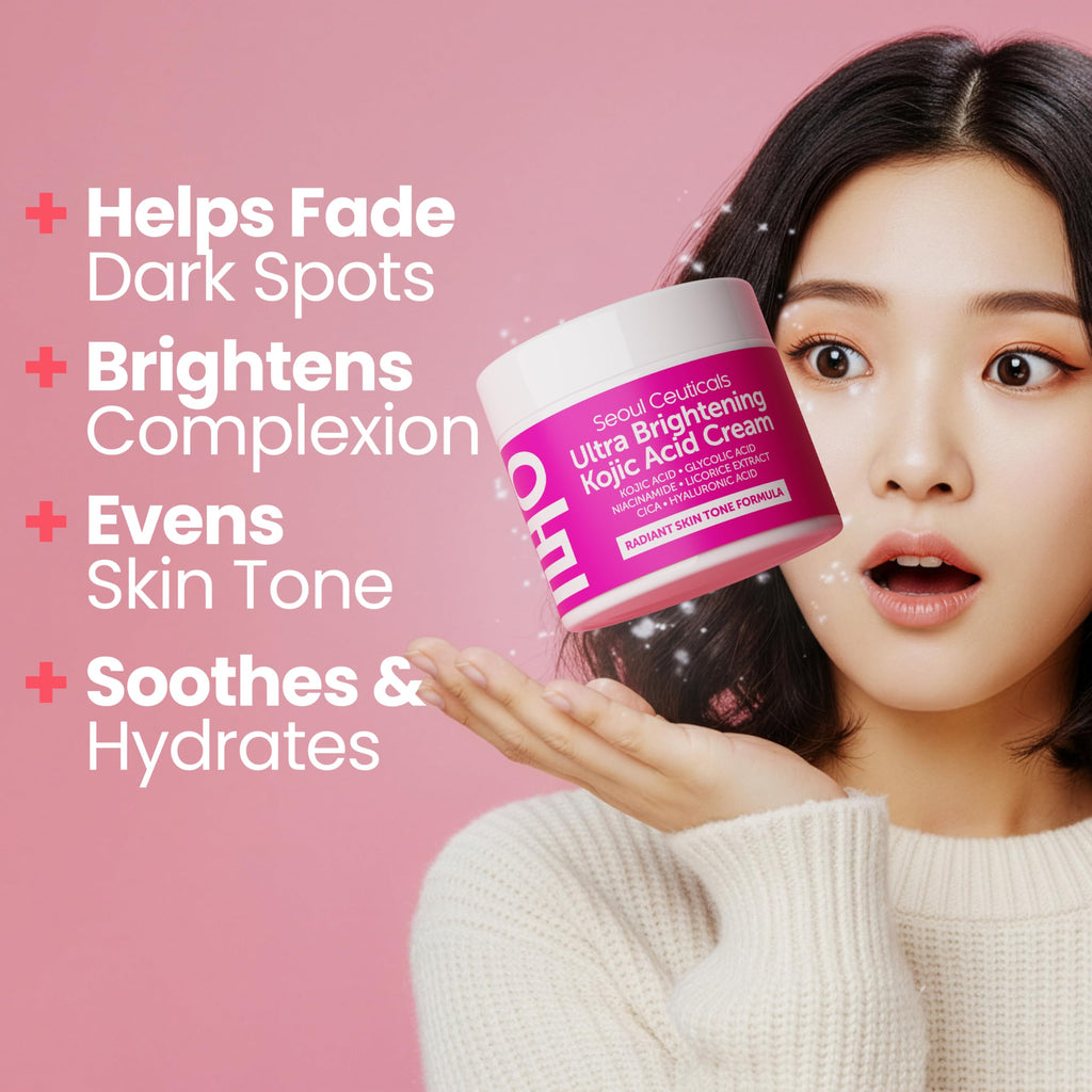SeoulCeuticals Korean Kojic Acid Cream for Dark Spots | Glycolic + Niacinamide + Cica + HA Moisturizer - Cruelty-Free 2 oz