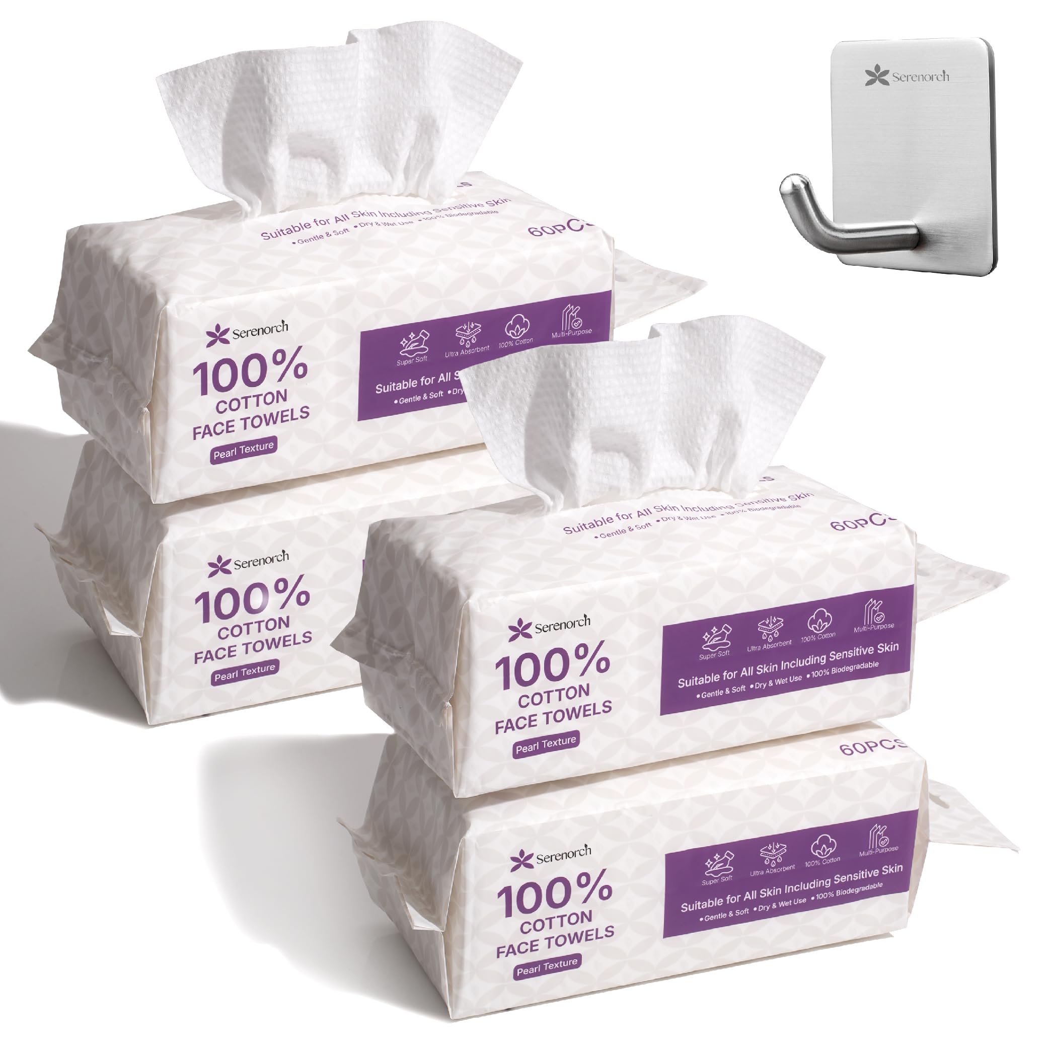Serenorch 100% Cotton Disposable Face Towels – 240 Count, Lint-Free, Hanging Pack, Double-Textured