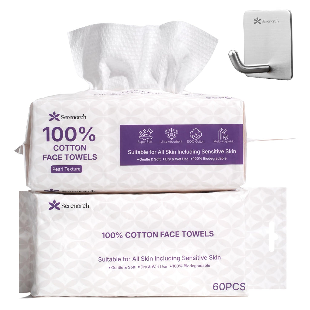 Serenorch 100% Cotton Disposable Face Towels – 120 Count, Dual-Texture, Hanging Pack