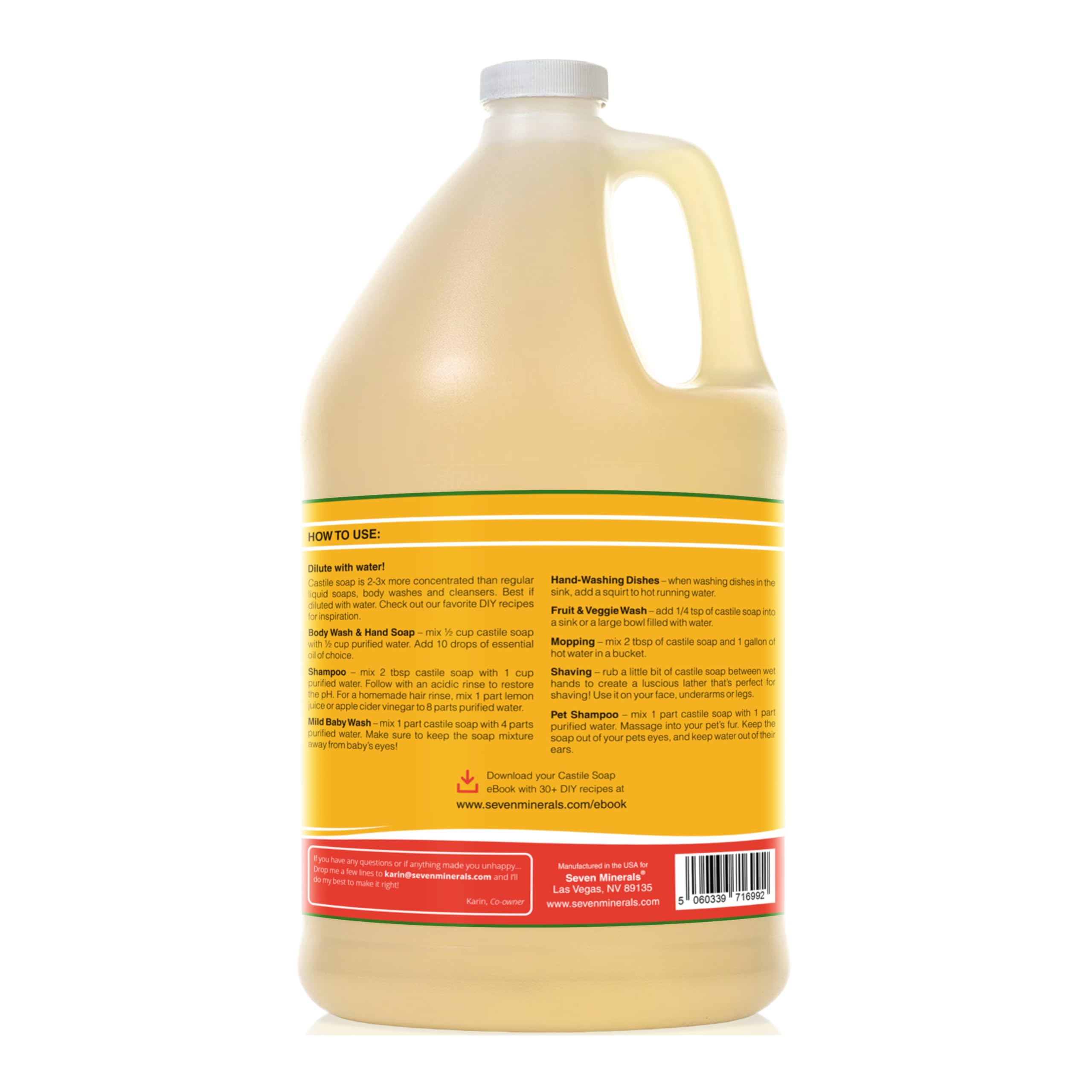 Seven Minerals Pure Castile Soap, Sweet Orange 64oz — Palm Oil Free, GMO-Free, Gentle Baby Wash
